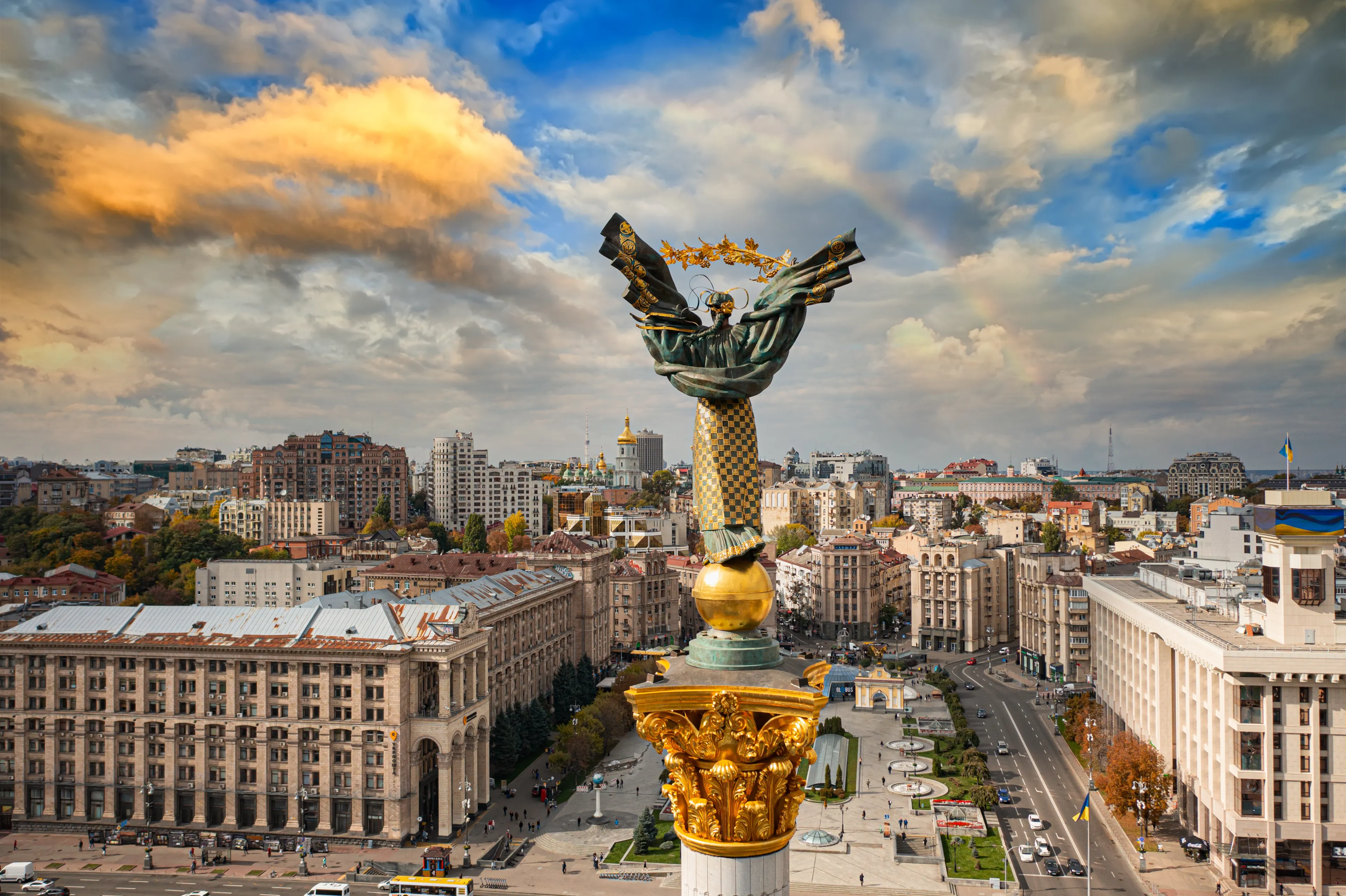 Kyiv, Ukraine - October 6, 2021: Independence Monument in Kyiv. View from drone
