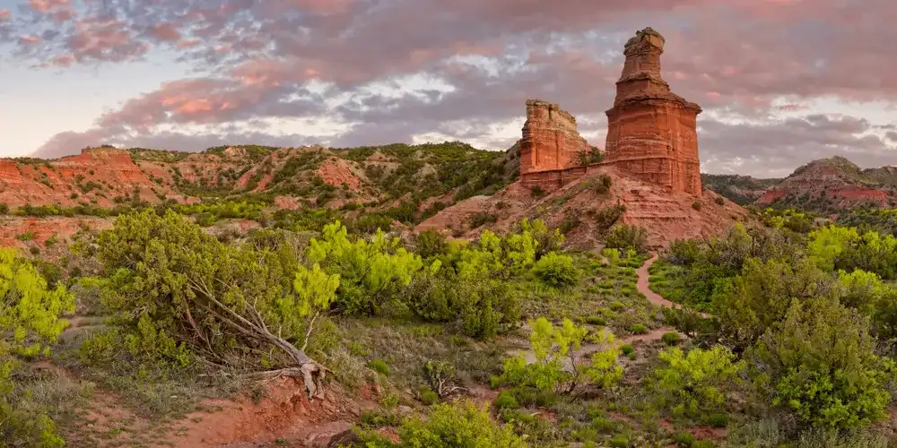 Panorama of Fiery Sunset Over Lighthouse Rock - Palo Duro Canyon State Park - Texas Panhandle Panorama of Fiery Sunset Over Lighthouse Rock - Palo Duro Canyon State Park - Texas Panhandle