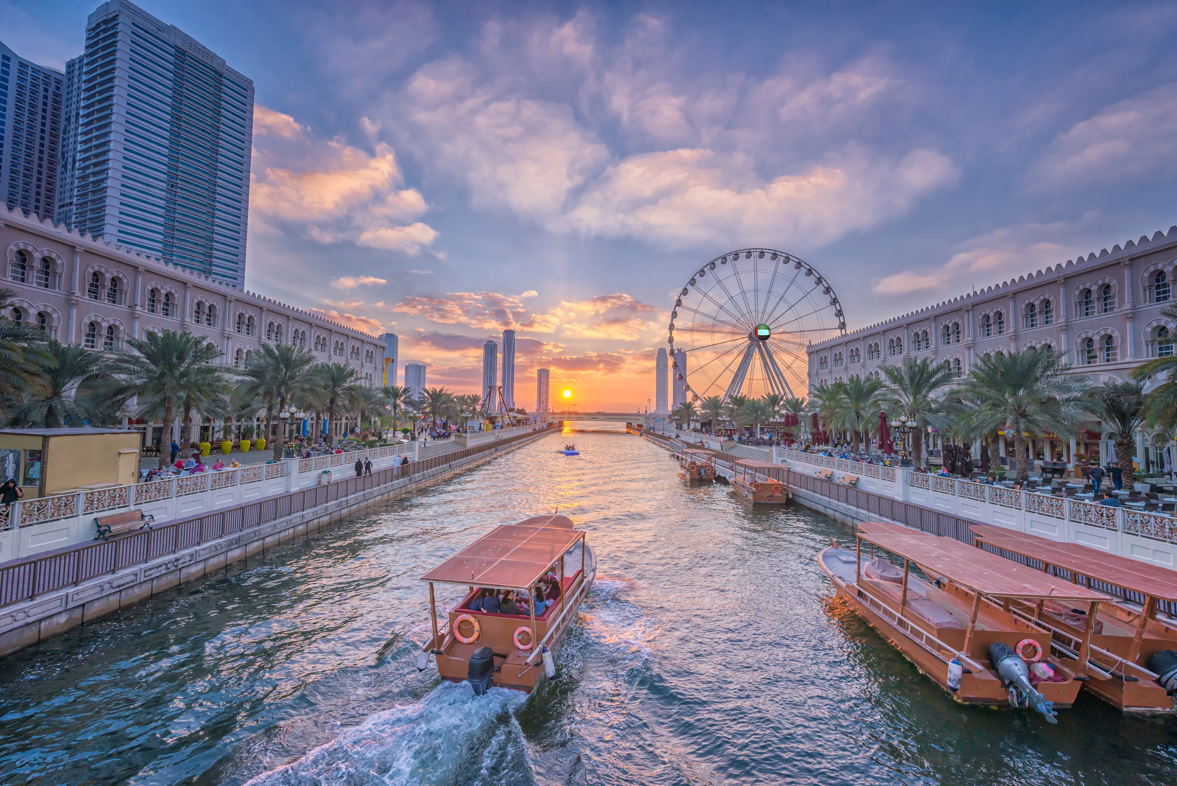 Eye of the Emirates - ferris wheel in Al Qasba - Shajah at sunset