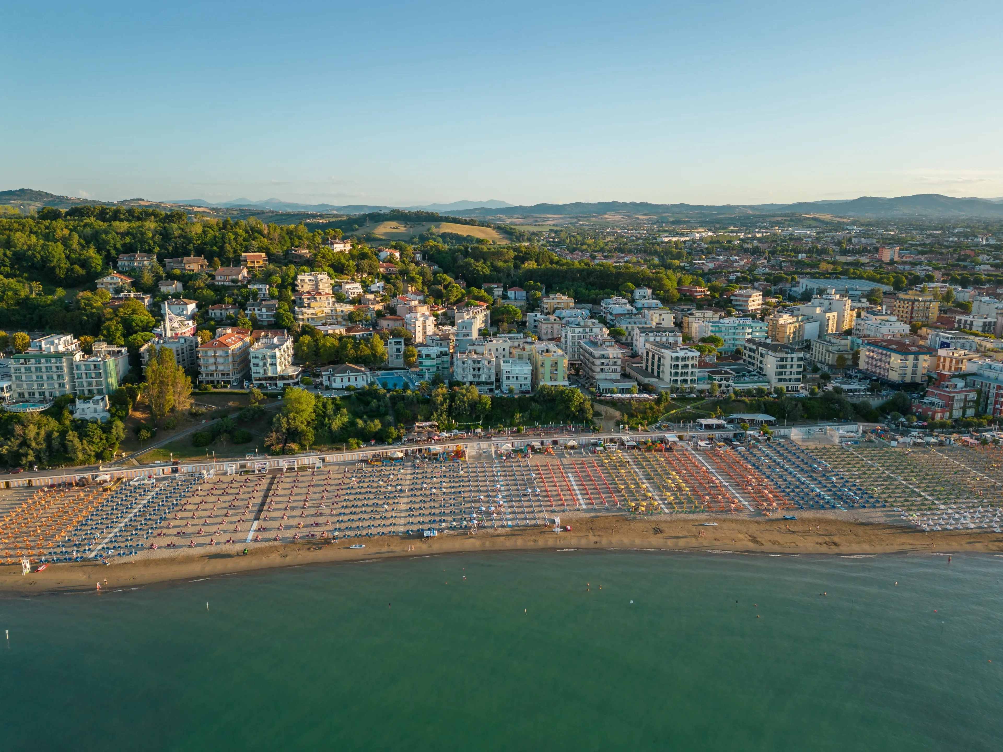 Italy, August 2023 - aerial view of Gabicce Mare and the Romagna coast with Cattolica, Riccione and Rimini
