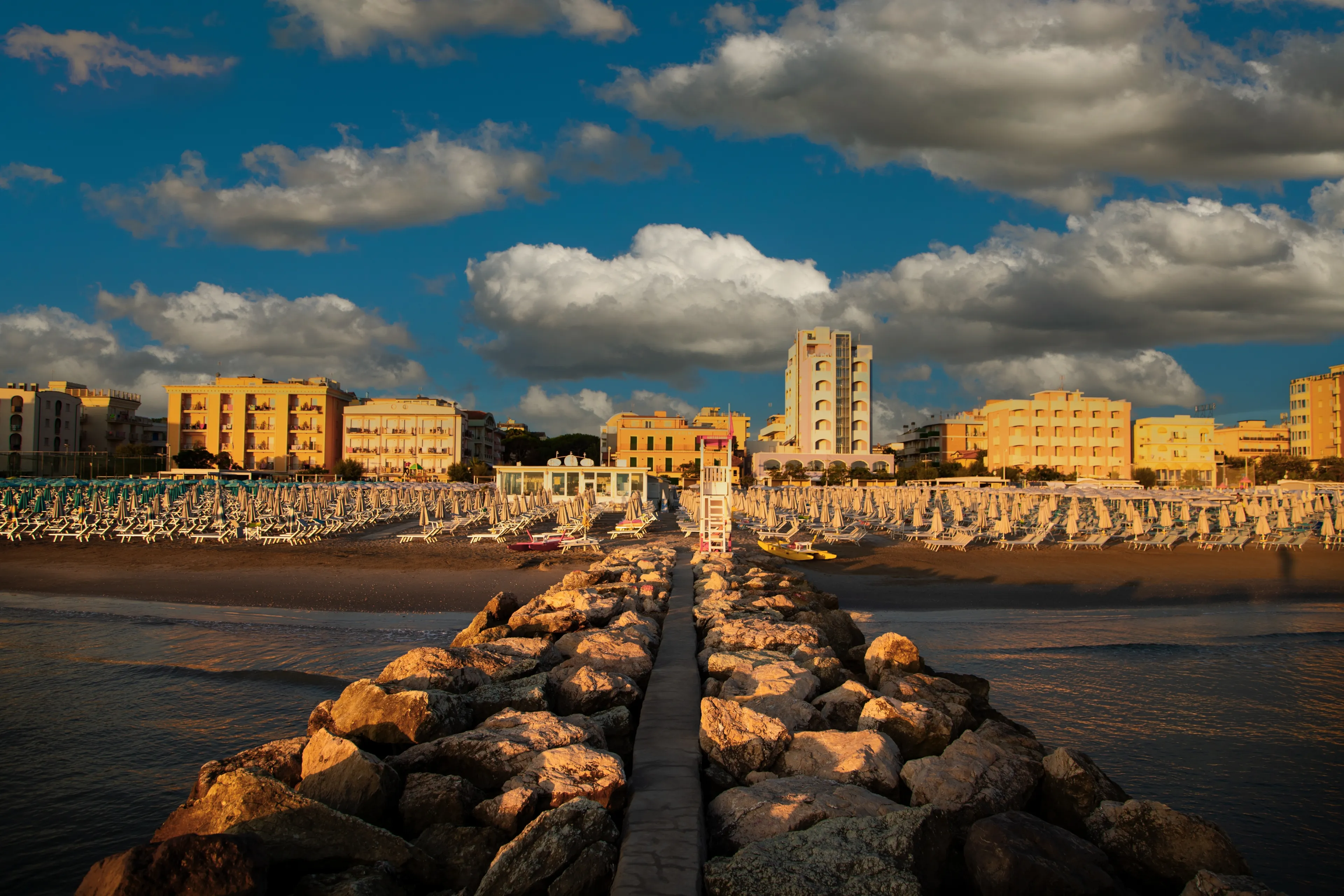 Urban landscape with sea view, Misano Adriatico townscape, coastal scenery, This photograph was taken in Misano Adriatico, Italy, on August 9, 2023.