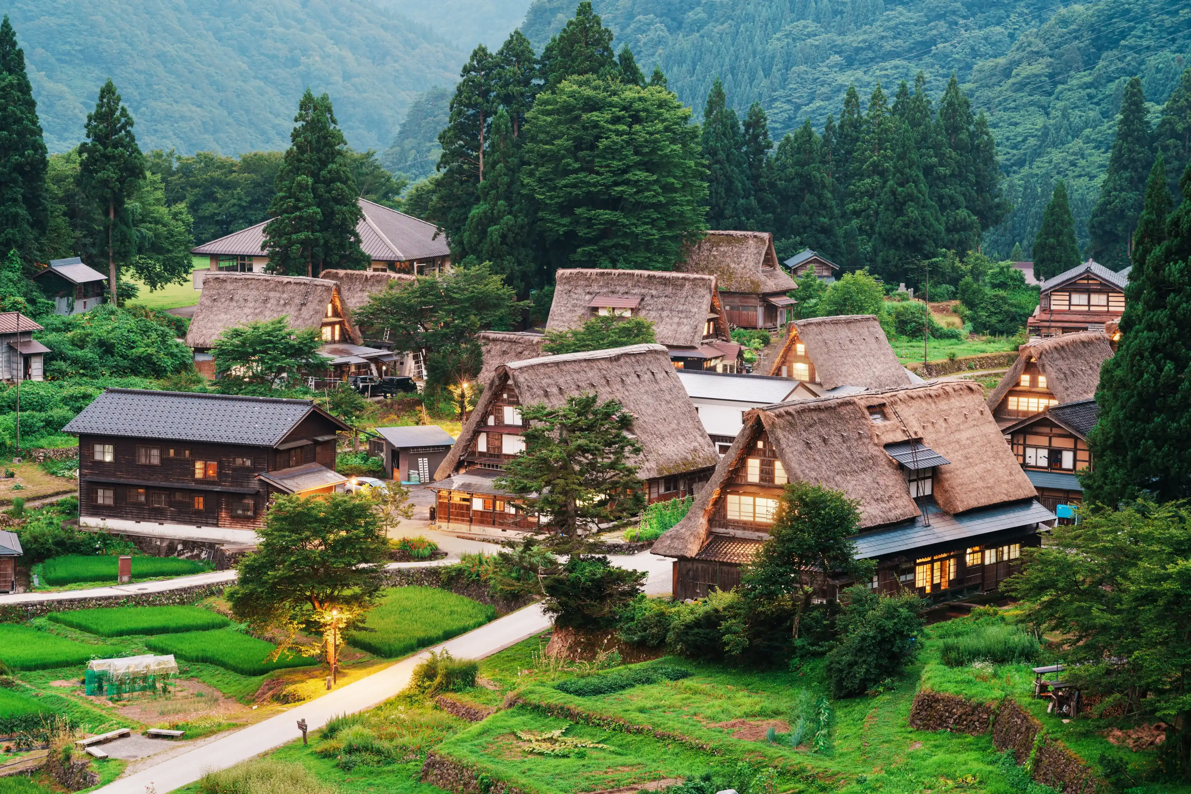 Ainokura, Toyama, Japan in the remote Gokayama Region at dusk. Ainokura, Toyama, Japan in the remote Gokayama Region at dusk.