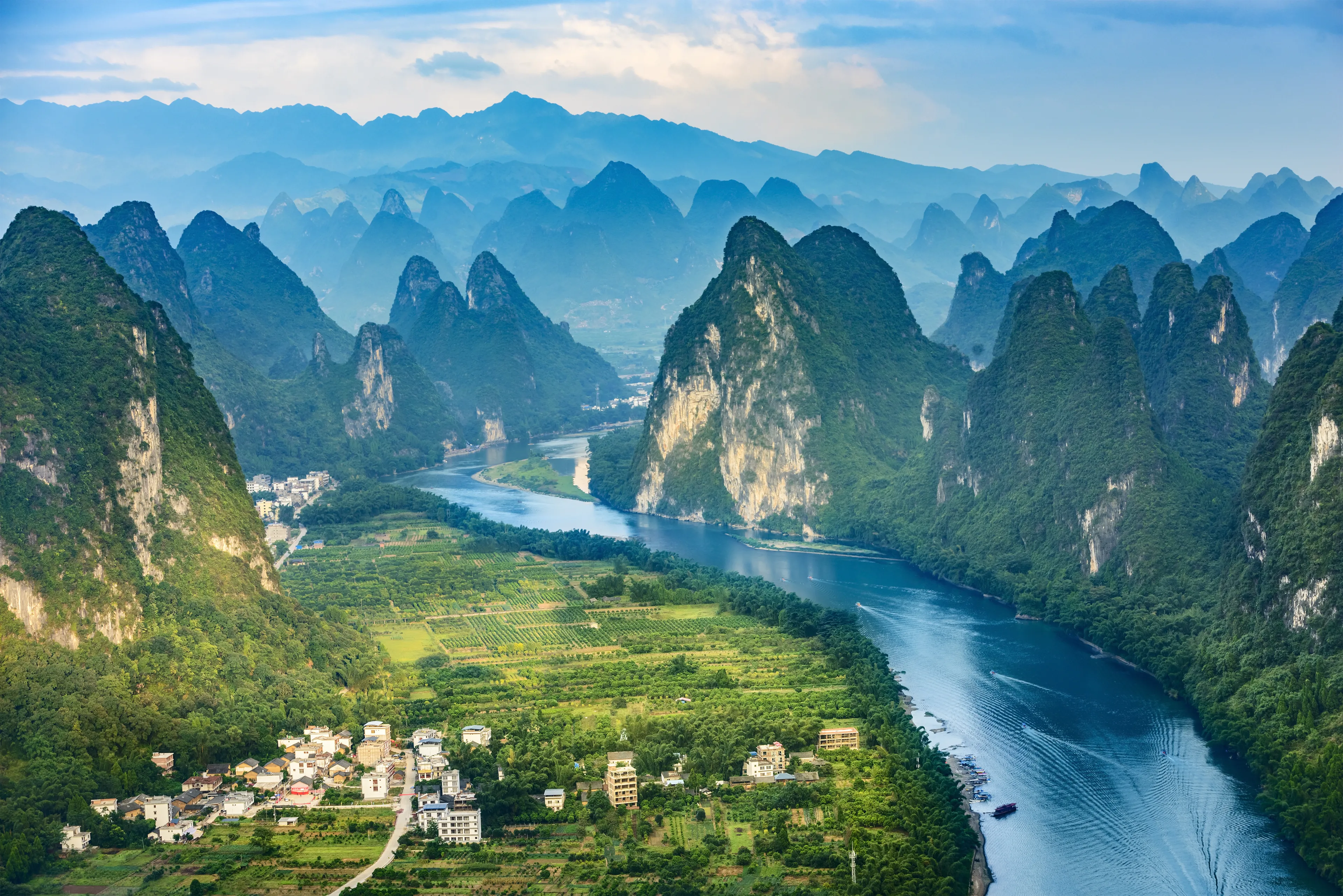 Landscape of Guilin, Li River and Karst mountains. Located near The Ancient Town of Xingping, Yangshuo County, Guangxi Province, China.