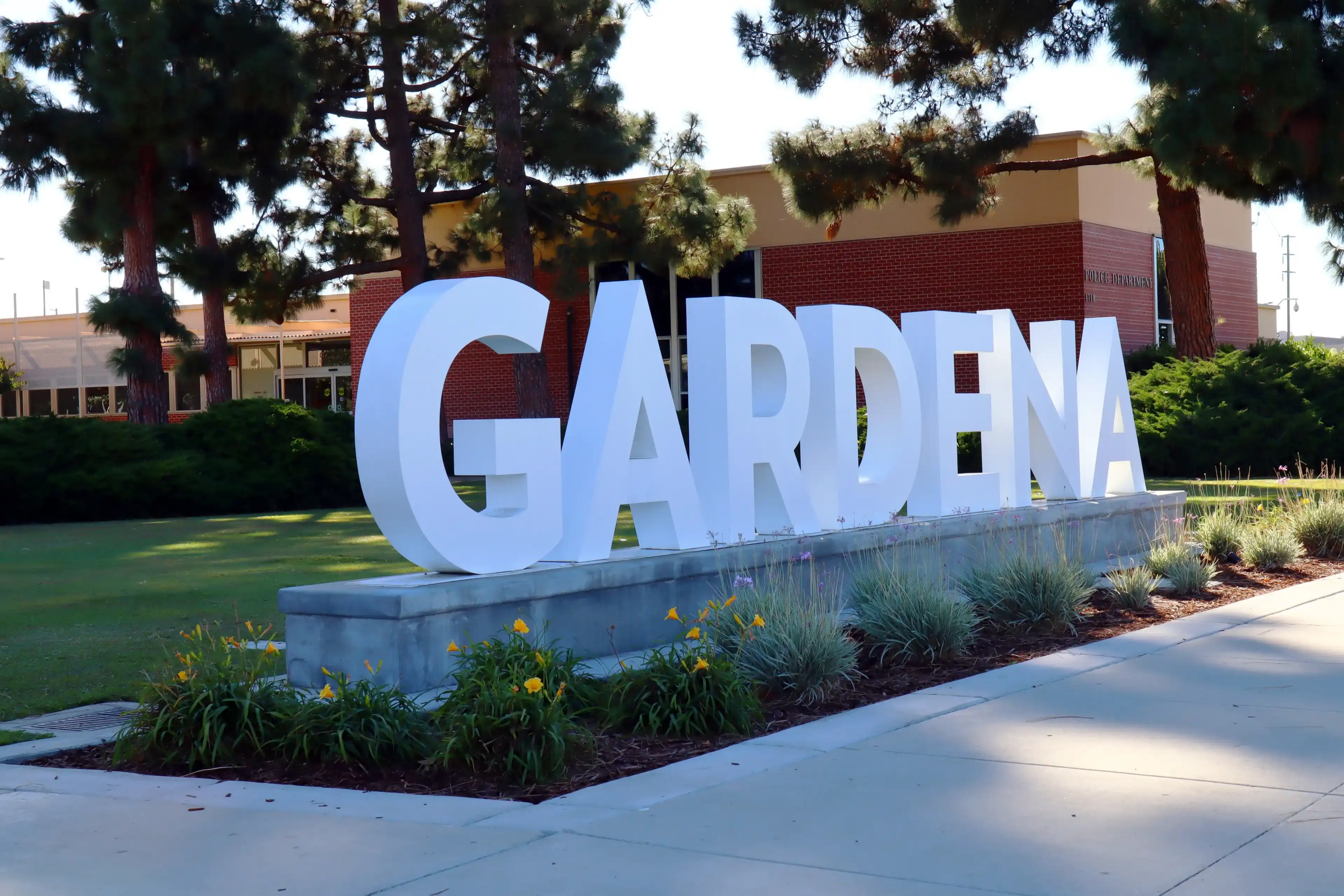 Gardena, California – October 15, 2023: City of Gardena sign at Lucille Randolph Plaza at the Gardena Civic Center park Gardena, California – October 15, 2023: City of Gardena sign at Lucille Randolph Plaza at the Gardena Civic Center park