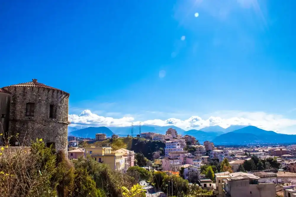 Round Tower of the Castle, Scalea, Cosenza, Calabria, Southern Italy. View from Above. Nice Pretty Italian Town. Round Tower of the Castle, Scalea, Cosenza, Calabria, Southern Italy. View from Above. Nice Pretty Italian Town.