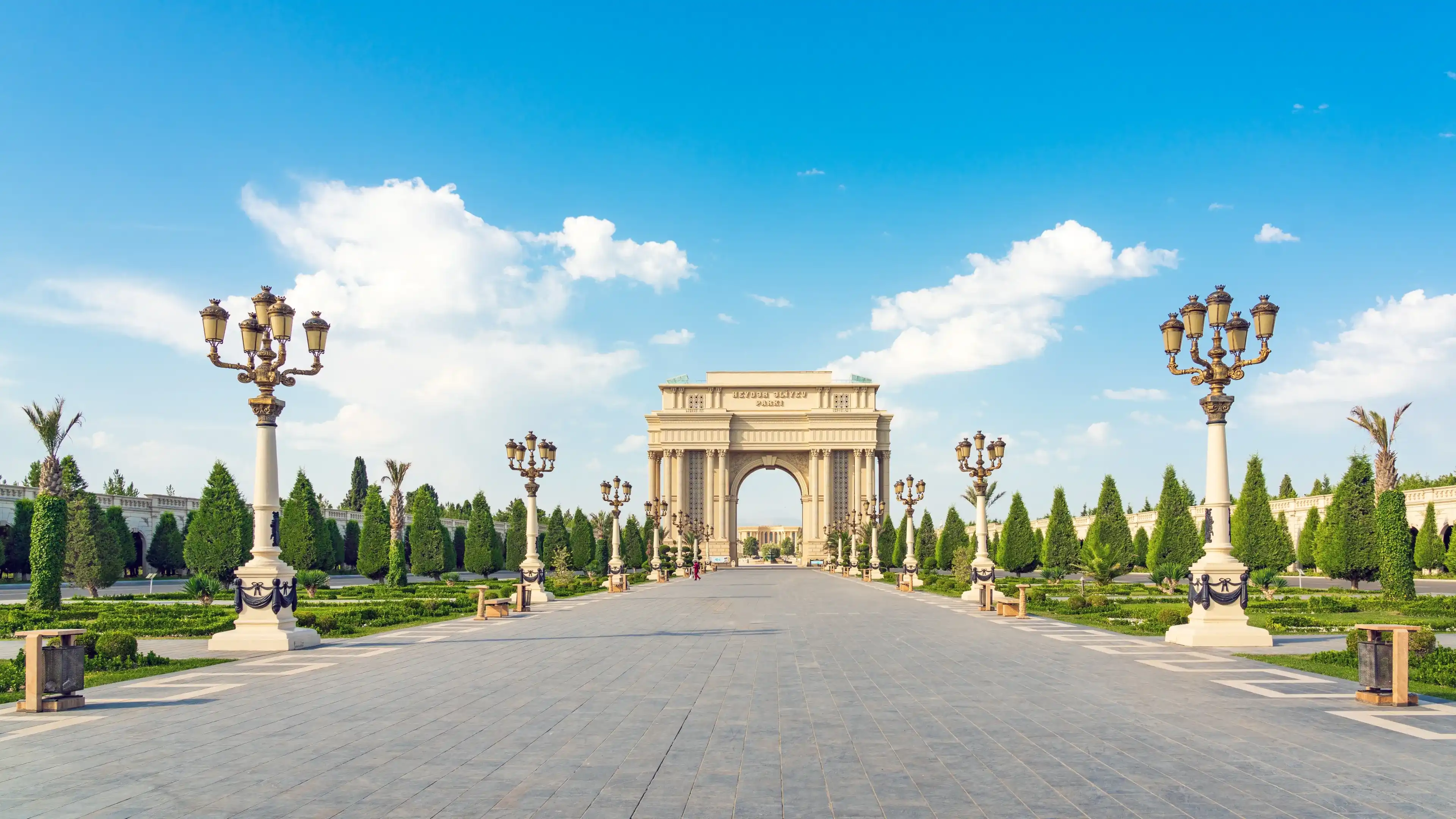 Ganja. Azerbaijan - August 19 2023. Arch entry Heydar Aliyev park, bignest park on Caucasus Ganja. Azerbaijan - August 19 2023. Arch entry Heydar Aliyev park, bignest park on Caucasus
