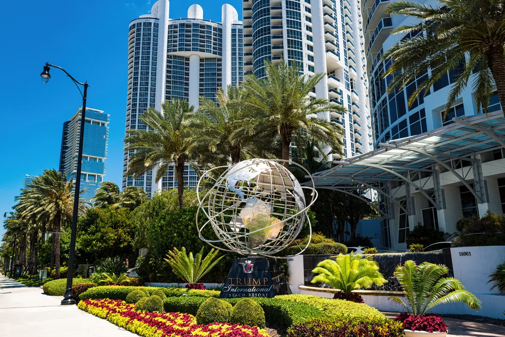 Sunny Isles, Florida, USA - May, 2020: Trump International Beach Resort main entrance to resort with 347 units of sales and rentals on Collins Avenue in Sunny Isles Beach outside Miami FL