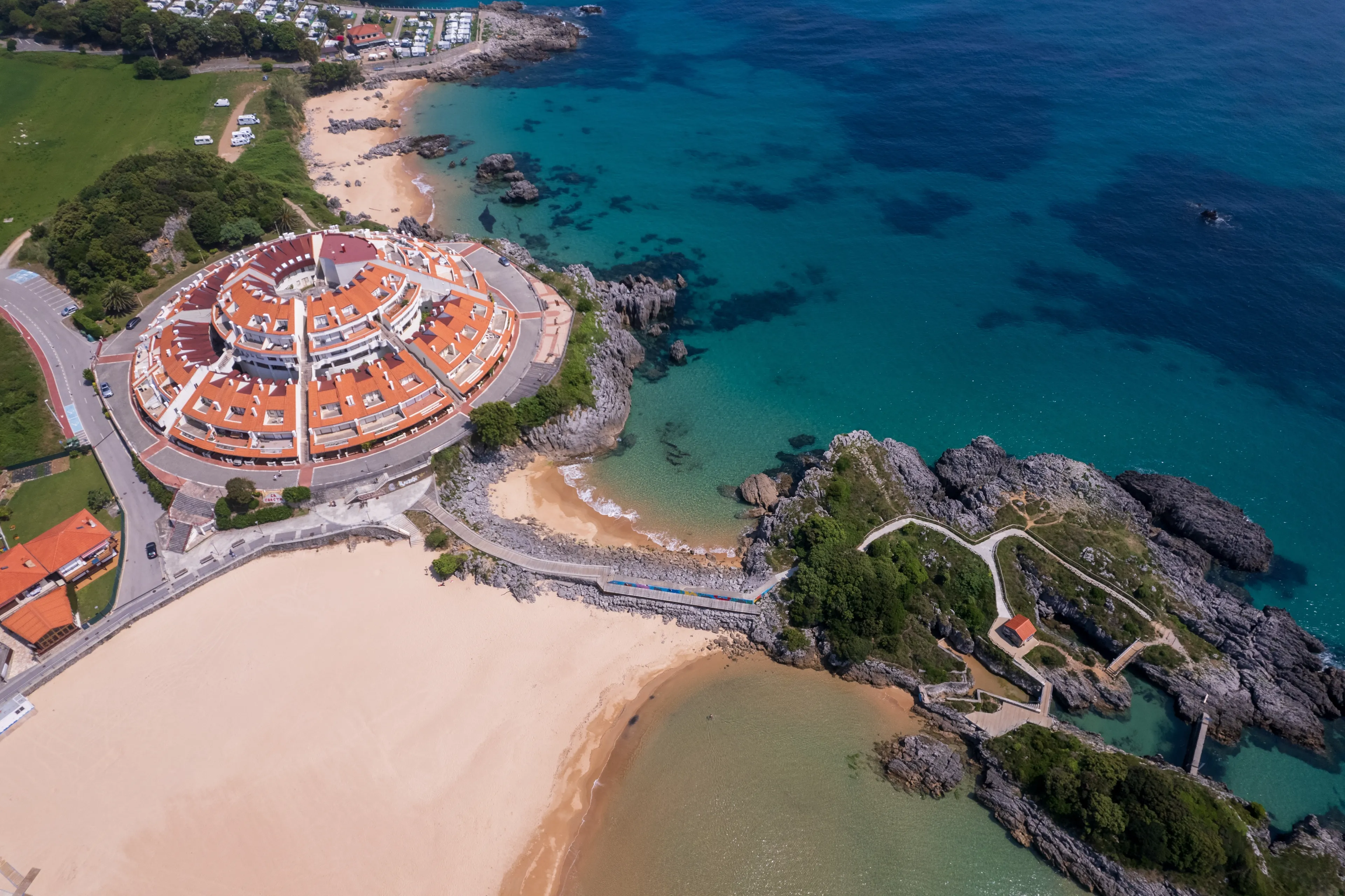 Noja, Spain - 30 May 2023 - aerial view of spanish coast in Noja on north Spain