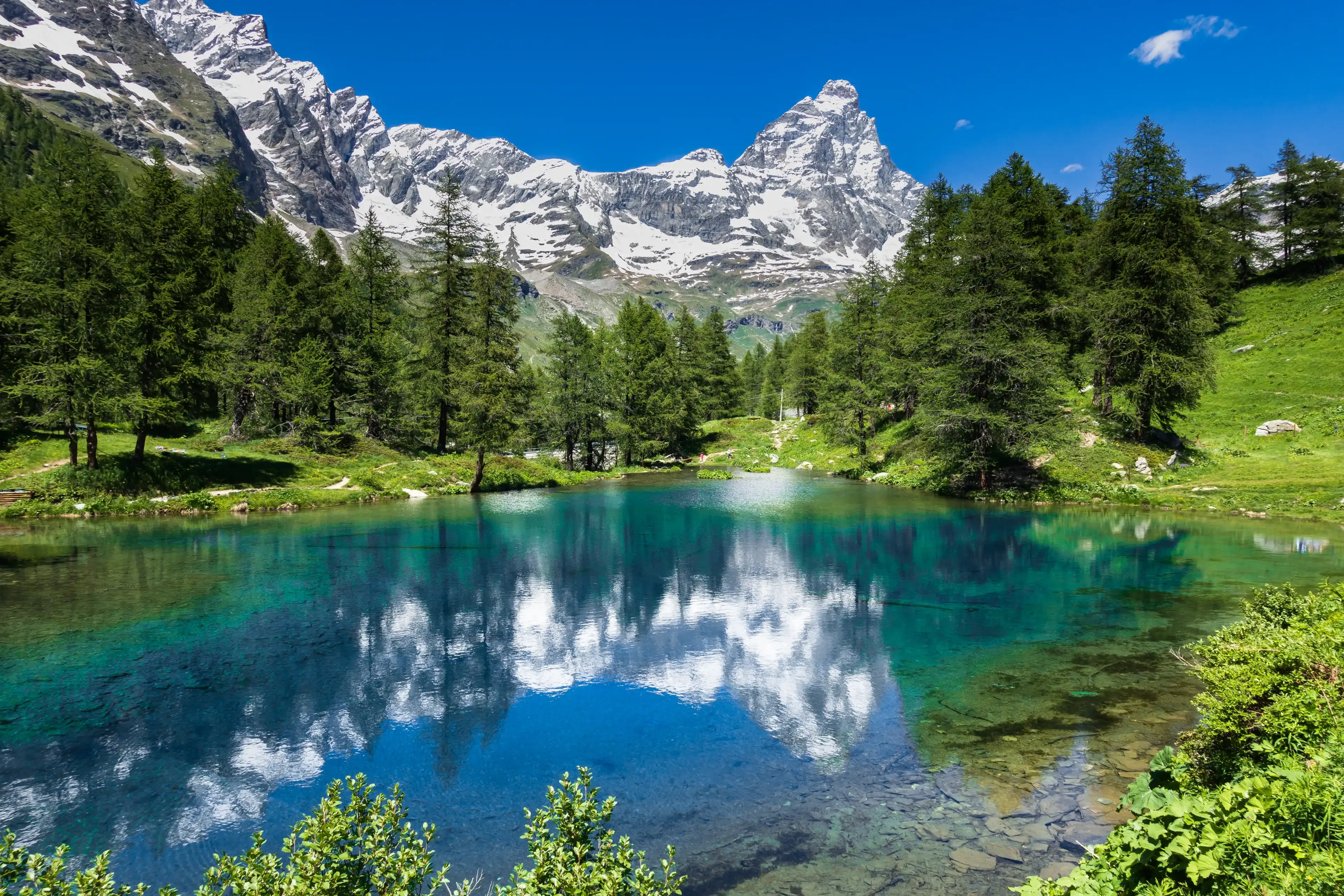 Summer alpine landscape with the Matterhorn (Cervino) reflected on the Blue Lake (Lago Blu) near Breuil-Cervinia, Aosta Valley, northern Italy Summer alpine landscape with the Matterhorn (Cervino) reflected on the Blue Lake (Lago Blu) near Breuil-Cervinia, Aosta Valley, northern Italy