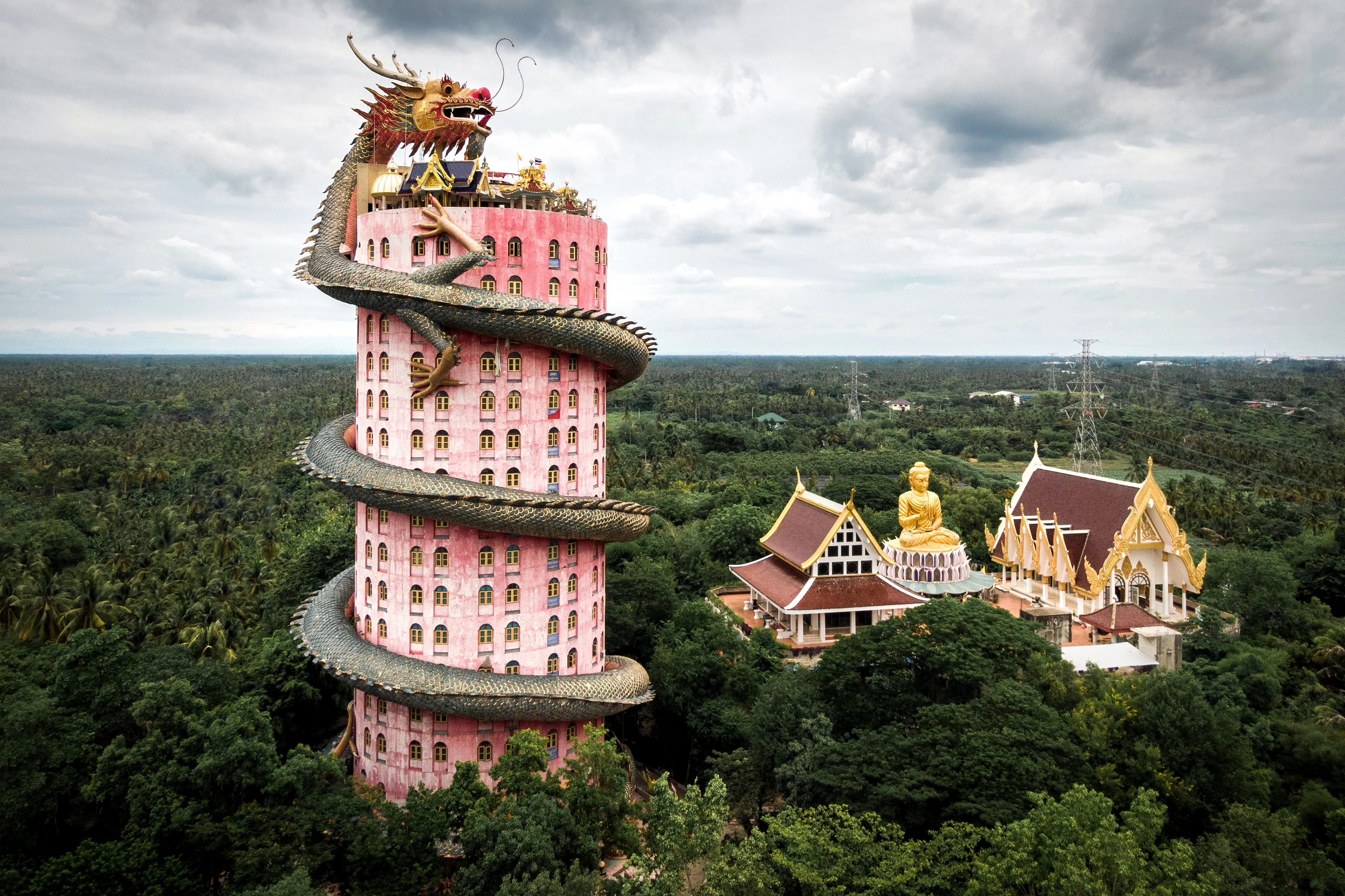Aerial view of Wat Samphran Dragon Temple in the Sam Phran District in Nakhon Pathom province near Bangkok, Thailand. 