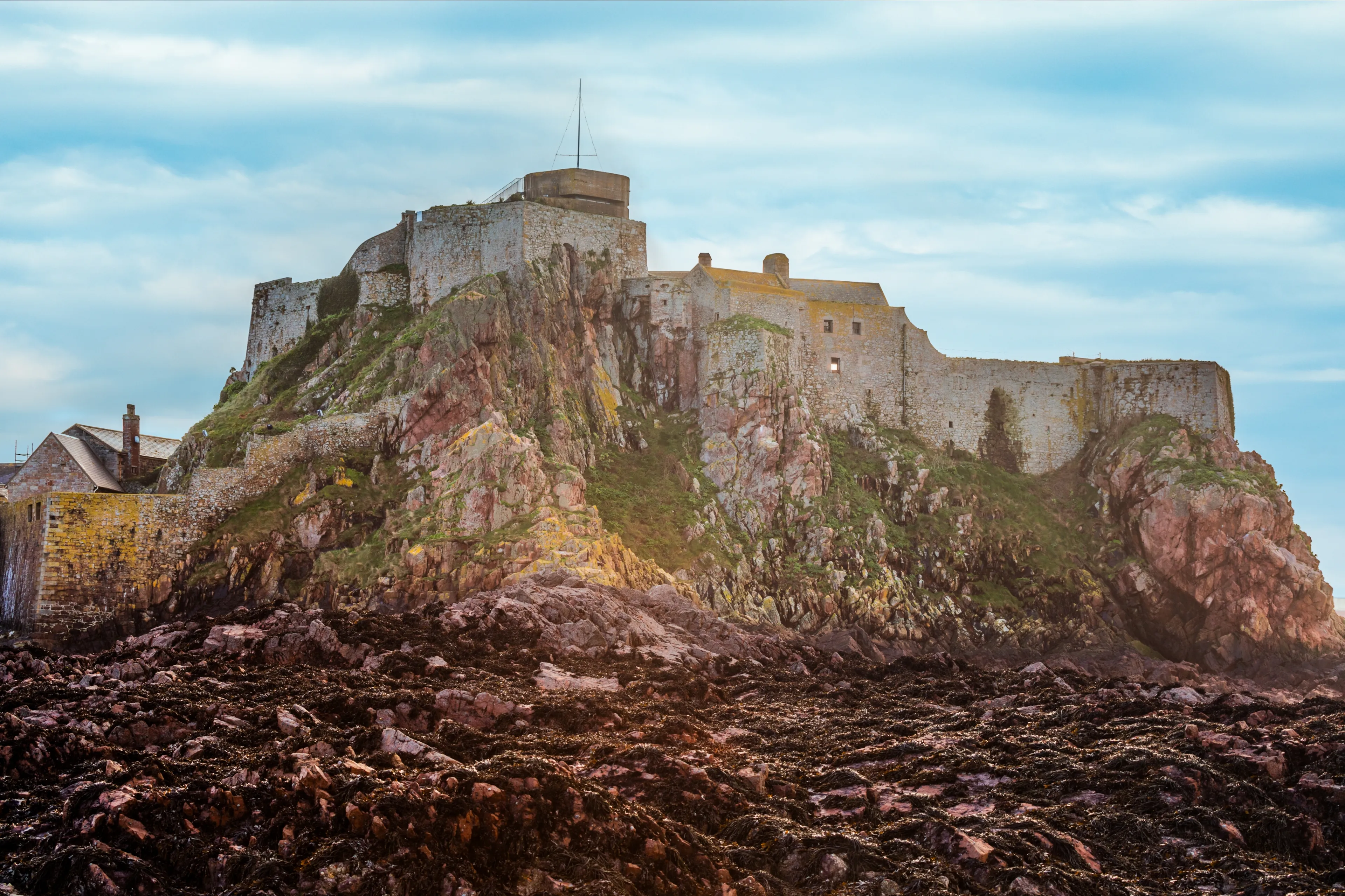 Elizabeth Castle in a low tide waters, Saint Helier, bailiwick of Jersey, Channel Islands