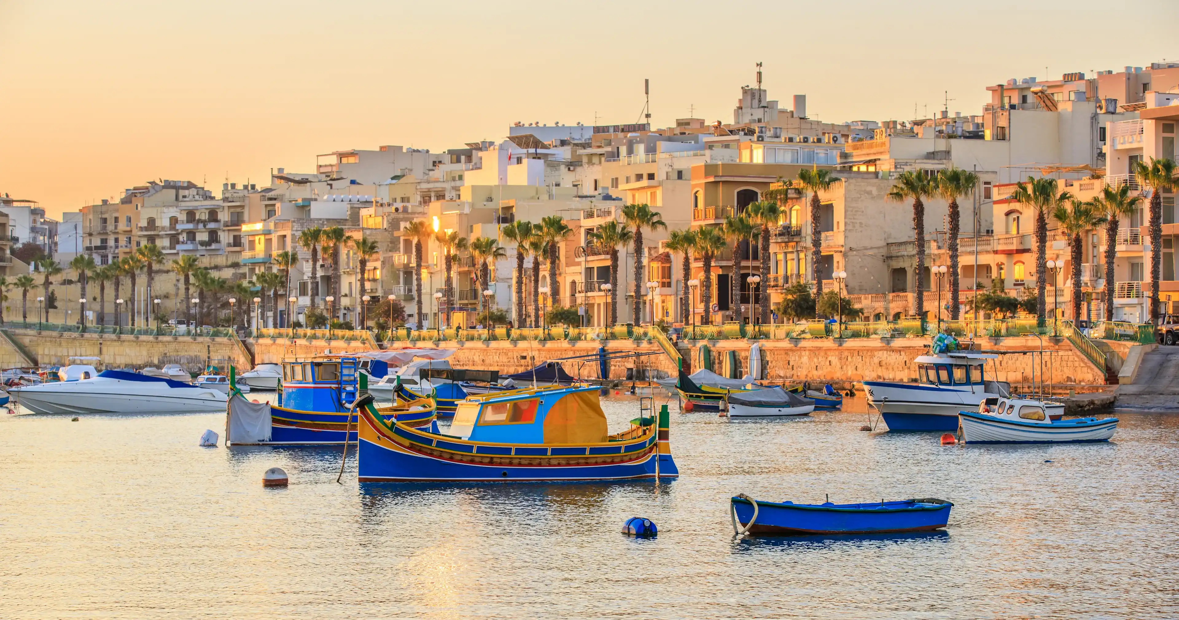 Marine with boats in fishing village Marsascala at sunrise Marine with boats in fishing village Marsascala at sunrise
