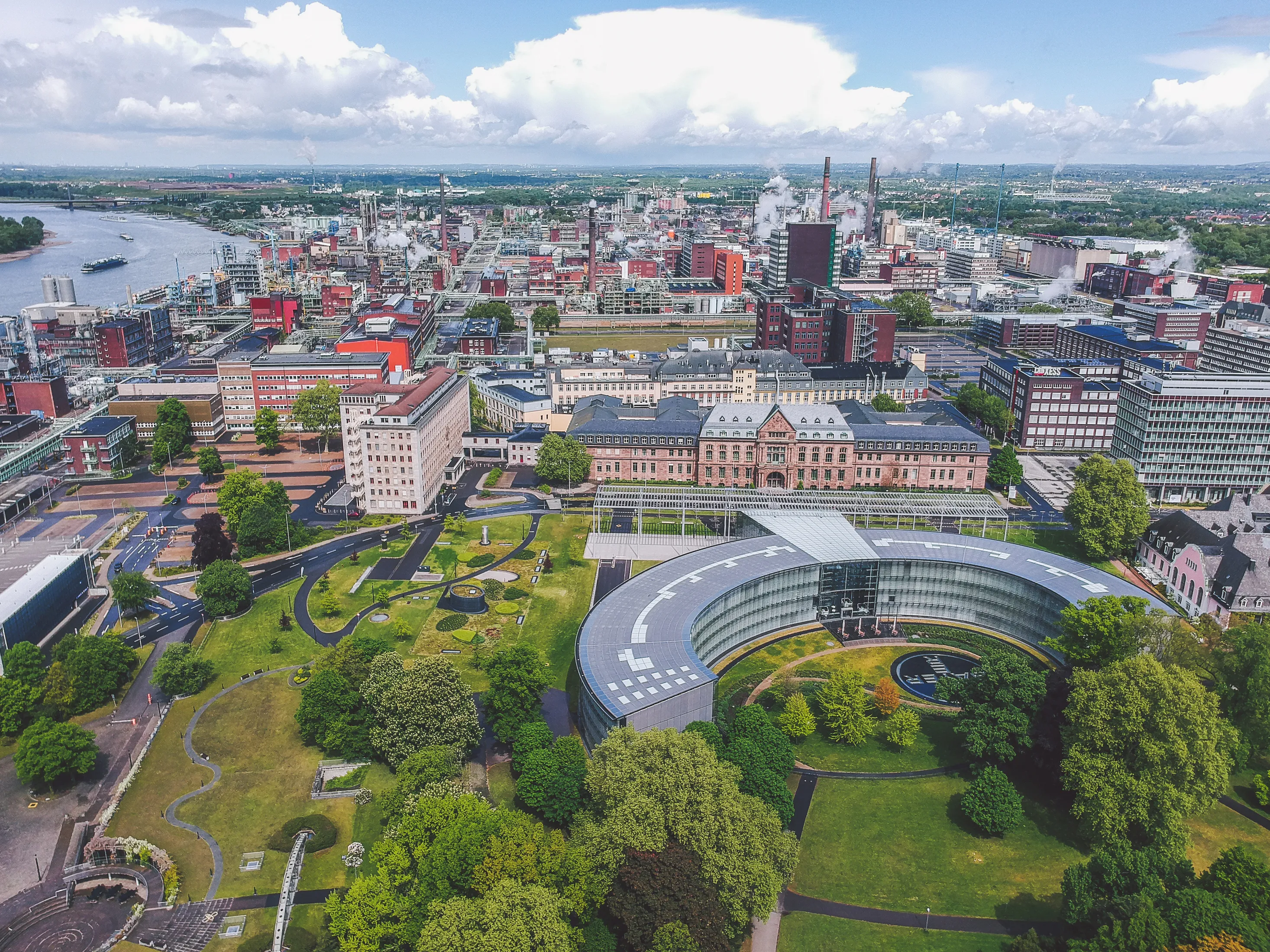 Leverkusen / Germany - May 2019: Headquarters and factory of Bayer AG - one of the largest pharmaceutical companies in the world
