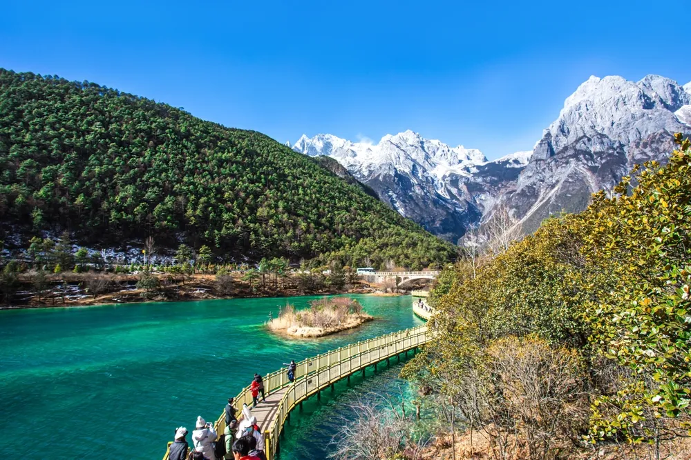 Lijiang ,China-Jan 25,2023 : view of Blue Moon Valley located inside the Jade Dragon Snow Mountain scenic area, Lijiang China.