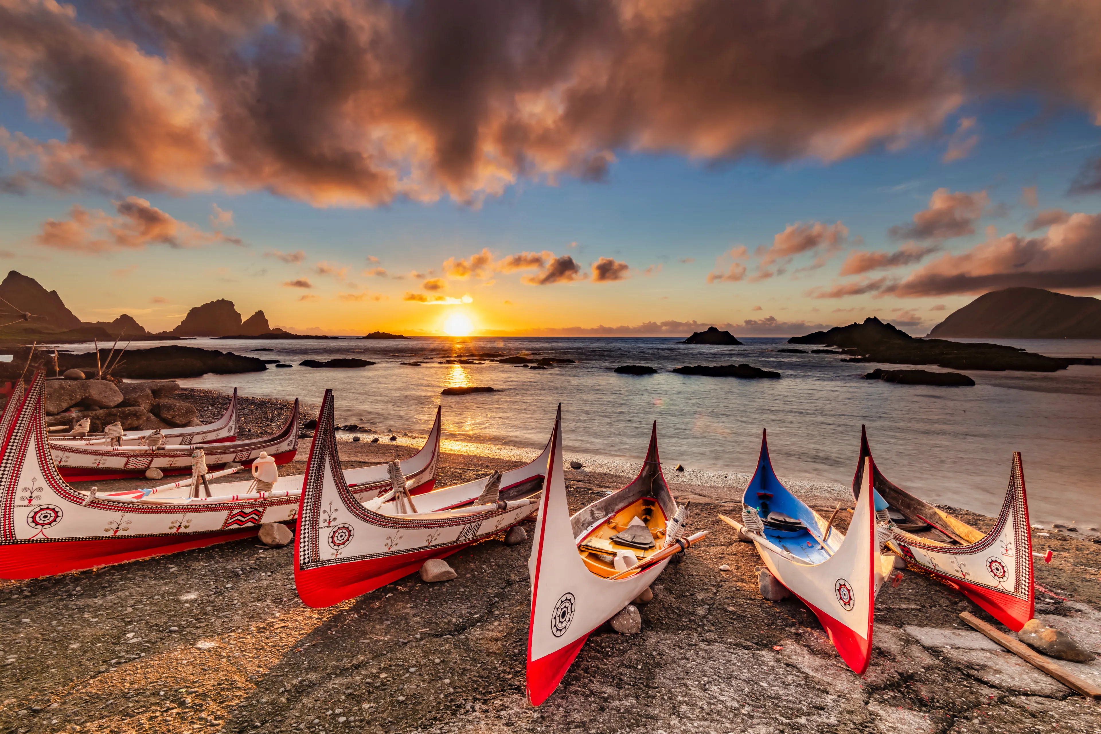 Aboriginal canoe at sunrise,In Lanyu(Orchid Island), Taitung,Taiwan