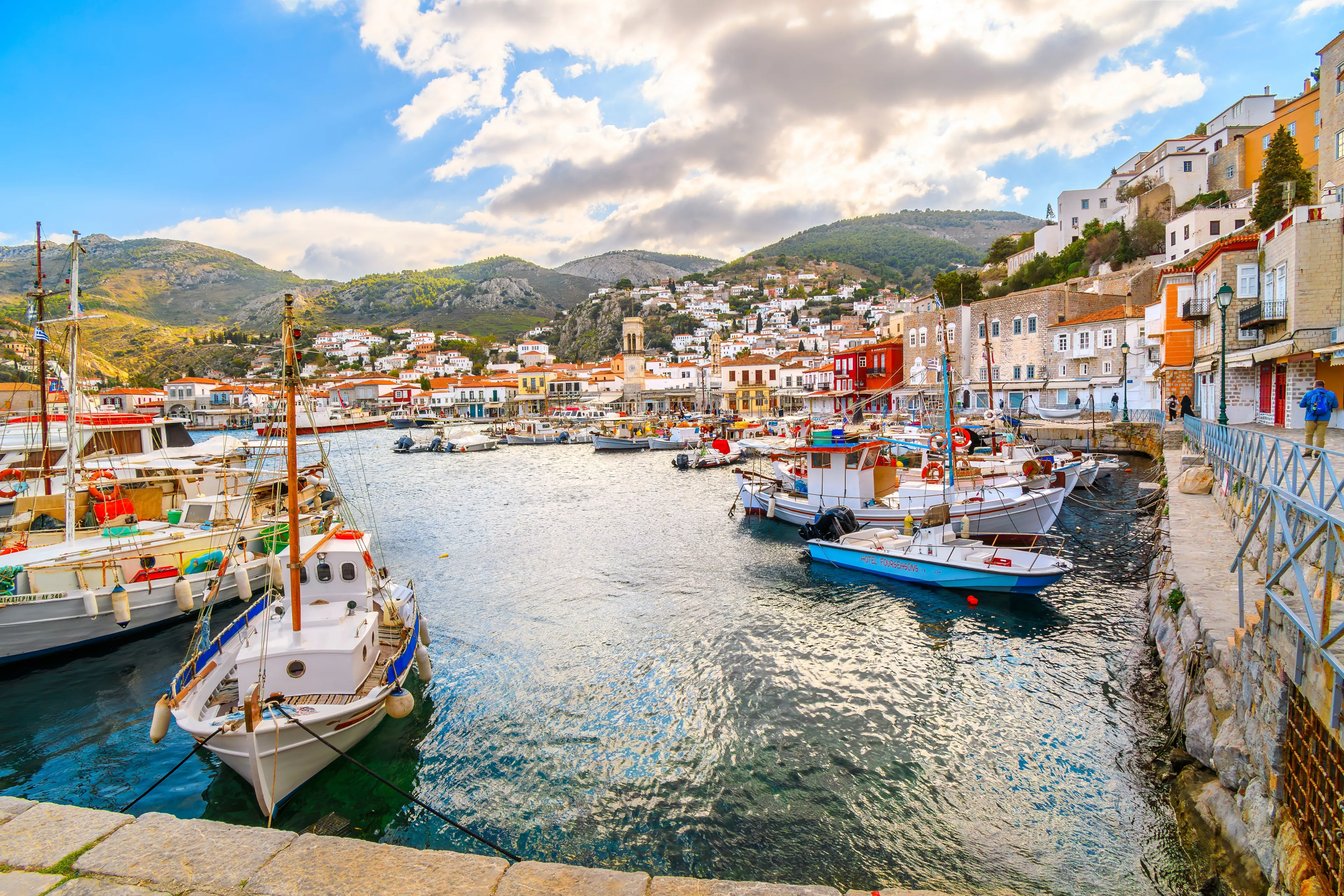 Hydra, Greece - November 8 2023: The harbor and port at the Greek island waterfront village of Hydra, one of the Saronic islands of Greece.	