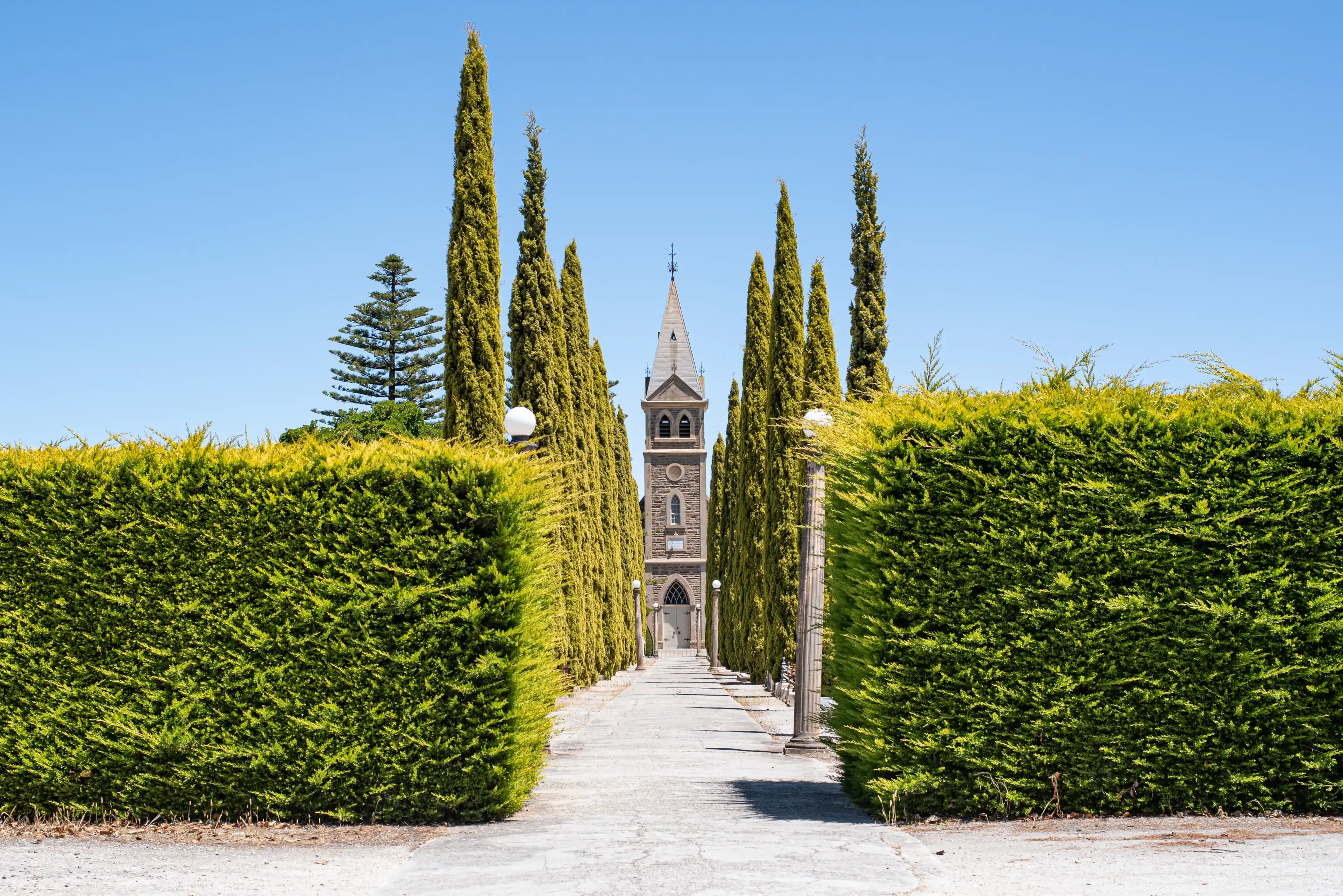 Tanunda, South Australia / Australia - November 24 2019: Langmeil Lutheran Church, viewed from Murray street, Tanunda. Barossa wine and tourist region. Tanunda, South Australia / Australia - November 24 2019: Langmeil Lutheran Church, viewed from Murray street, Tanunda. Barossa wine and tourist region.