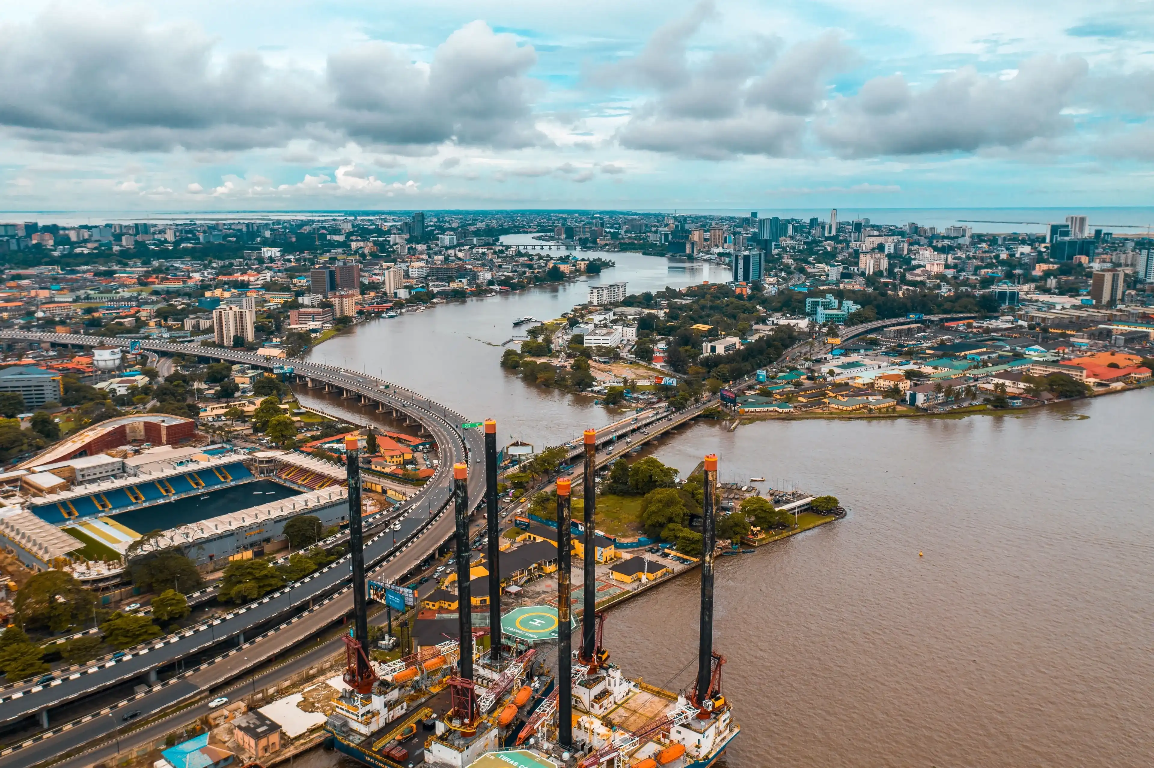 An aerial view of Lagos city waterside roads and buildings An aerial view of Lagos city waterside roads and buildings