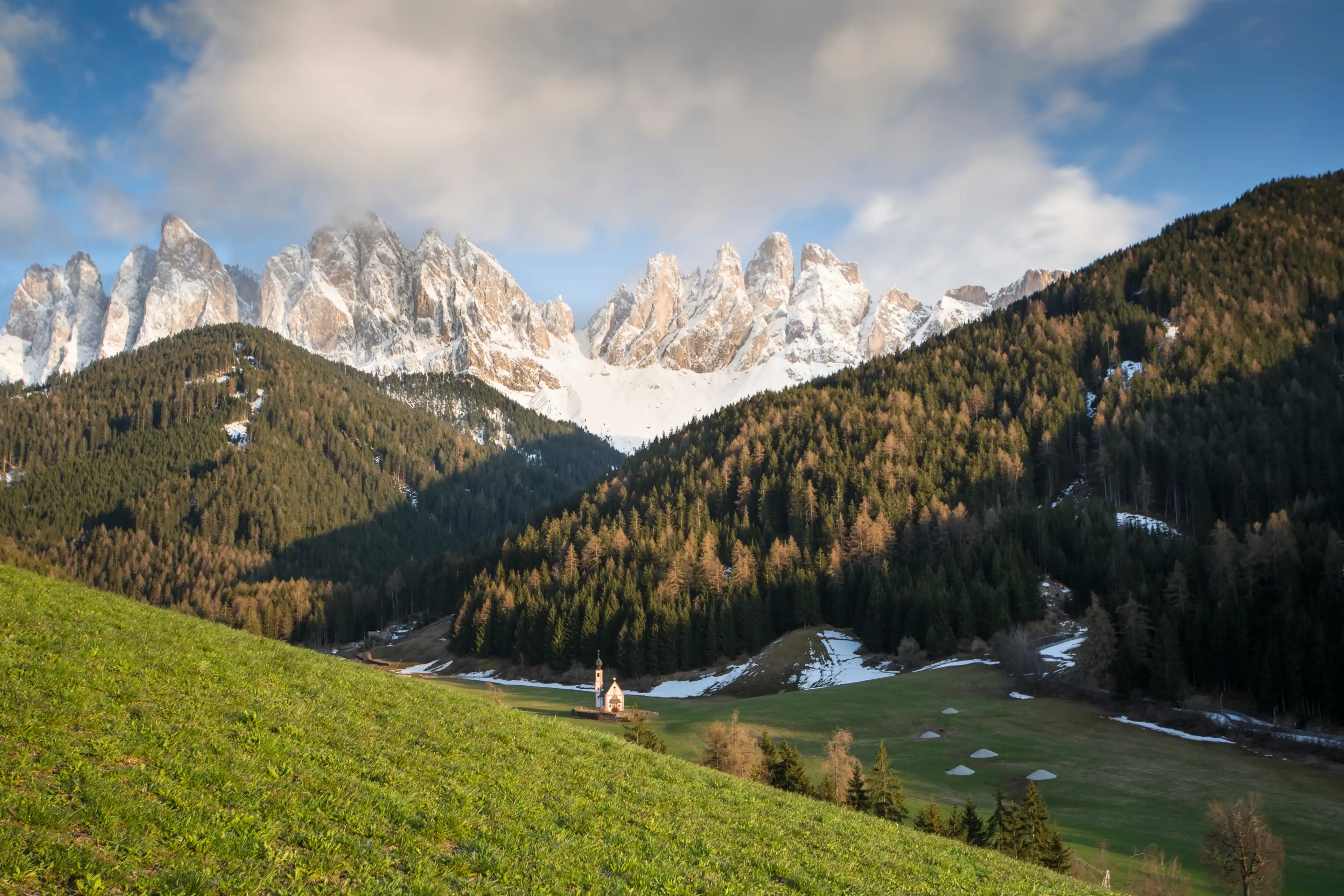 Santa Maddalena village, Dolomites, Funes valley South Tirol Italy, Europe on April 2019;The Val di Funes is an enchanting valley of South Tyrol word heritage site. Santa Maddalena village, Dolomites, Funes valley South Tirol Italy, Europe on April 2019;The Val di Funes is an enchanting valley of South Tyrol word heritage site.