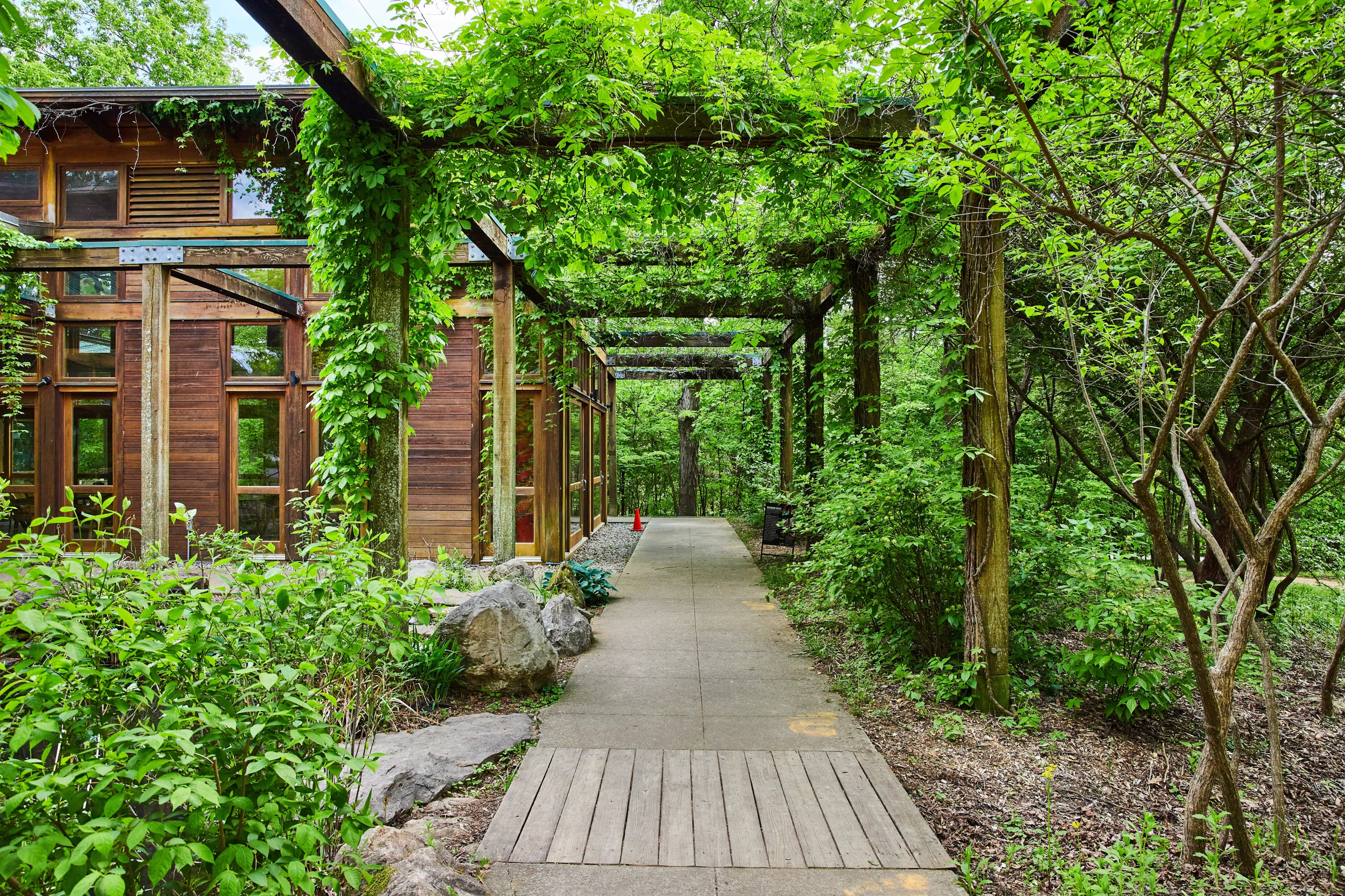 Gorgeous nature trail with green vines on pergola overhead and gorgeous nature center