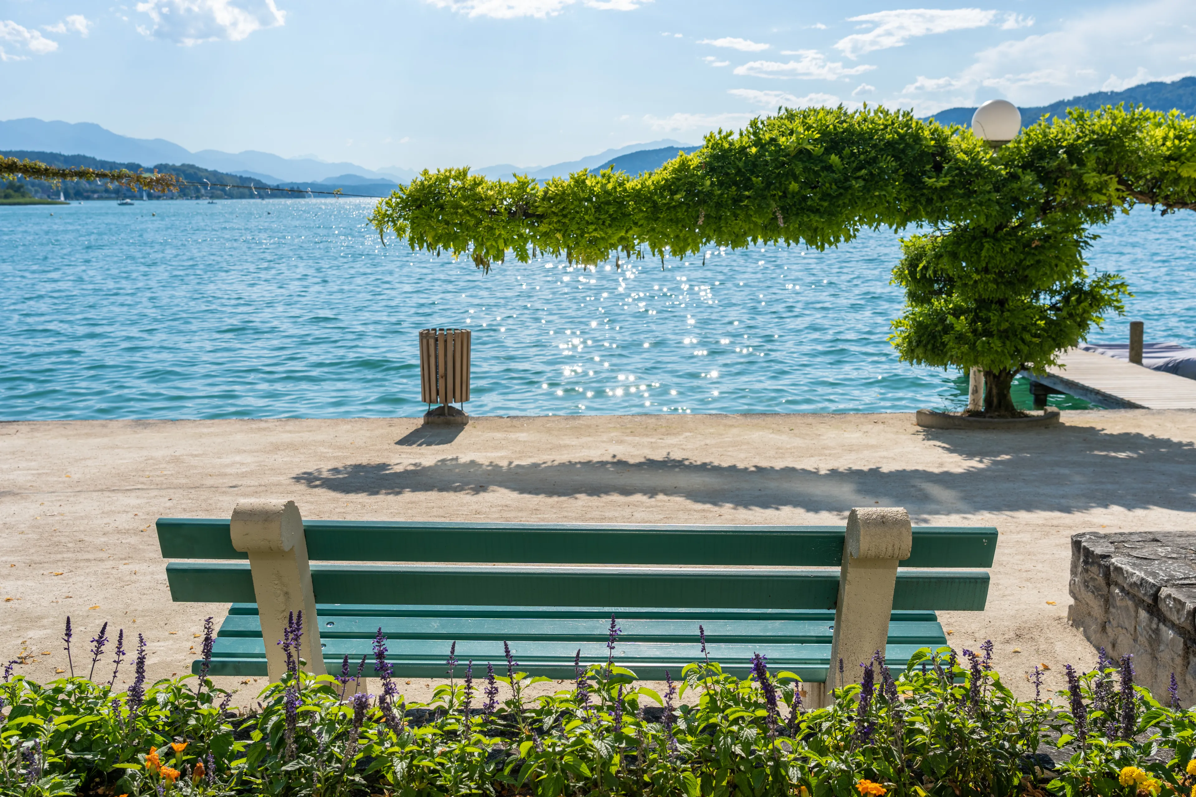 Bench in Front of the Worthersee in Poertschach, Carinthia, Austria