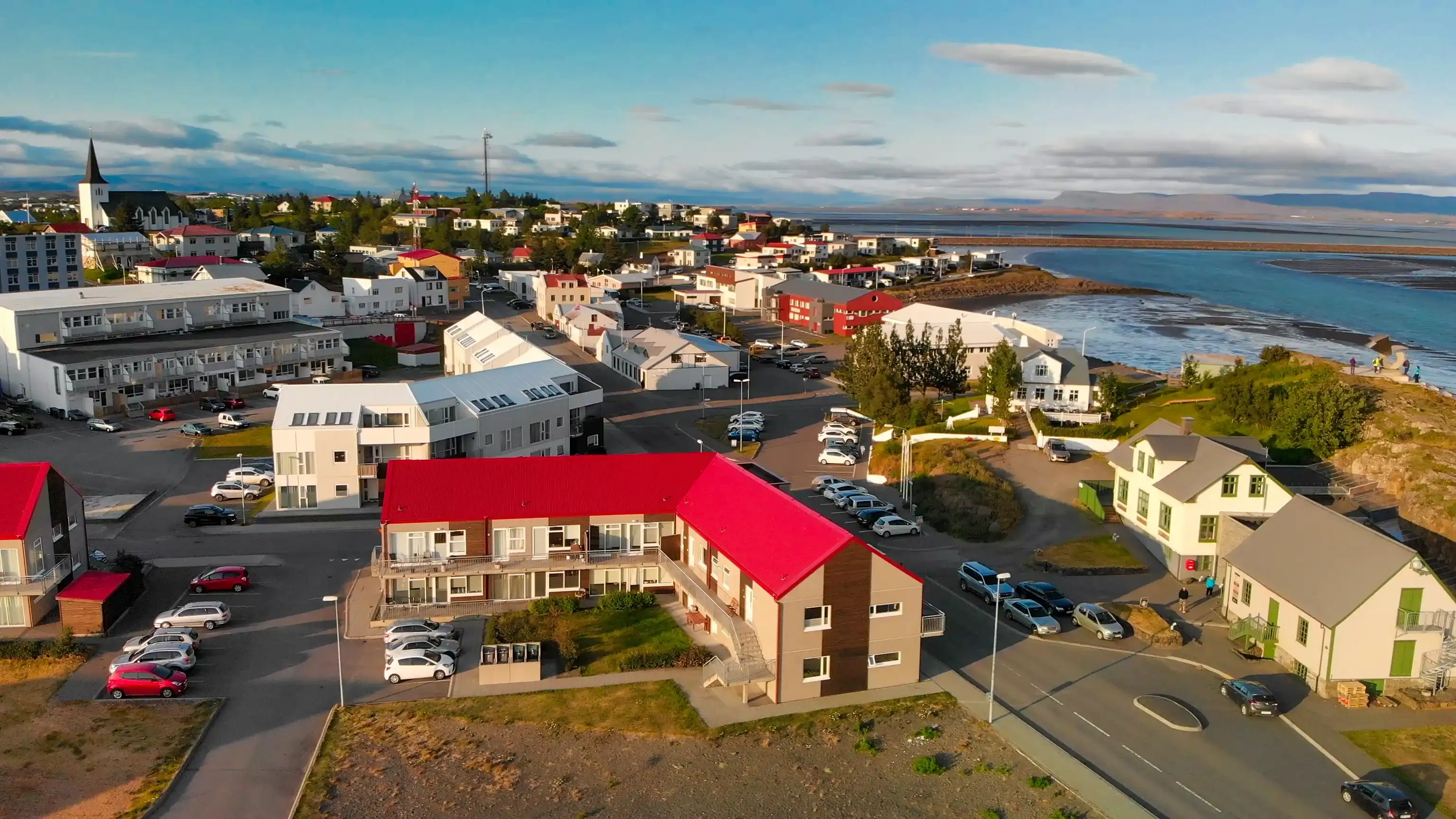 Panoramic view of town Borgarnes in South-Western Iceland from a drone viewpoint. Panoramic view of town Borgarnes in South-Western Iceland from a drone viewpoint.