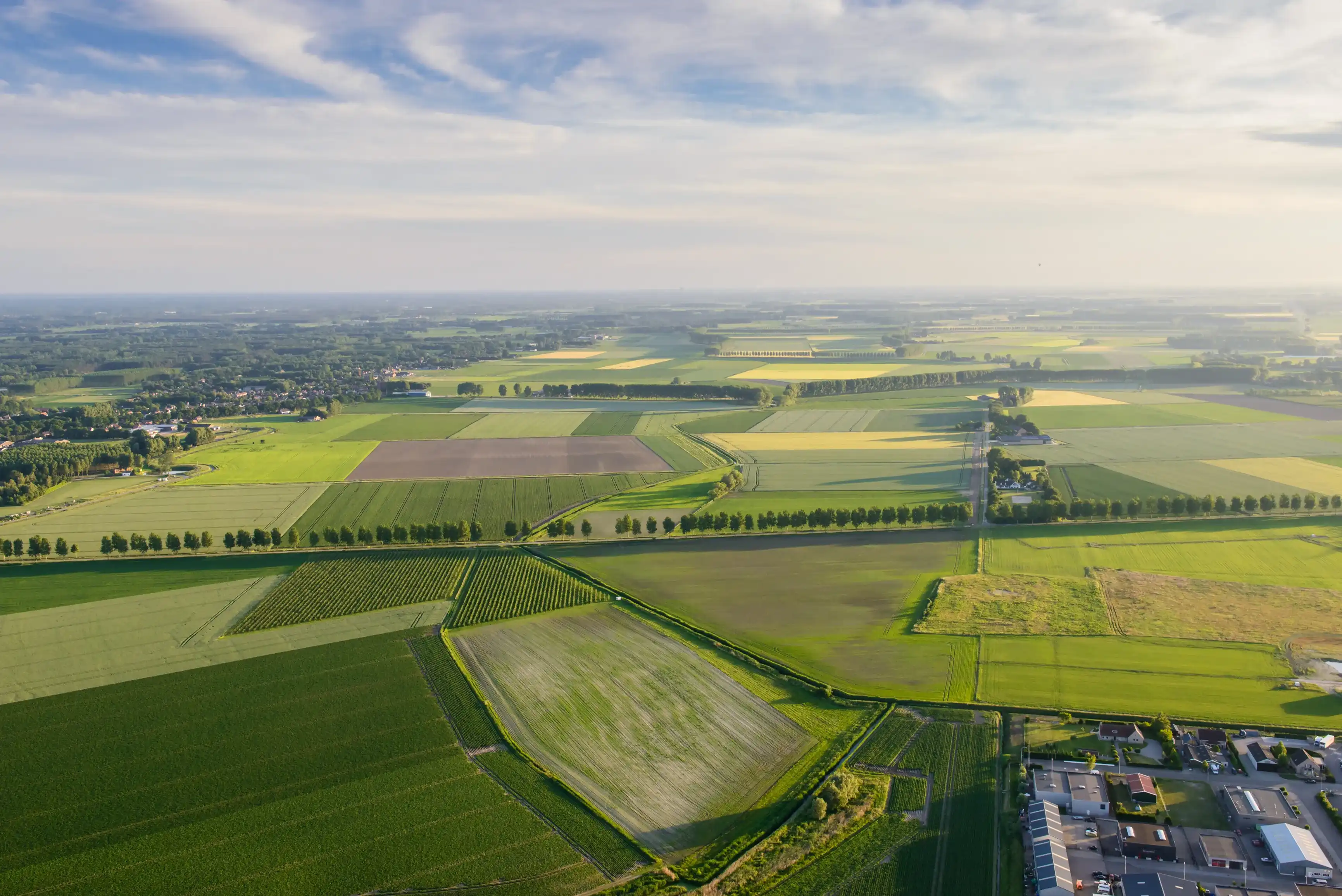 Arial iew from hot air balloon on green fields during sunset, the netherlands Arial iew from hot air balloon on green fields during sunset, the netherlands