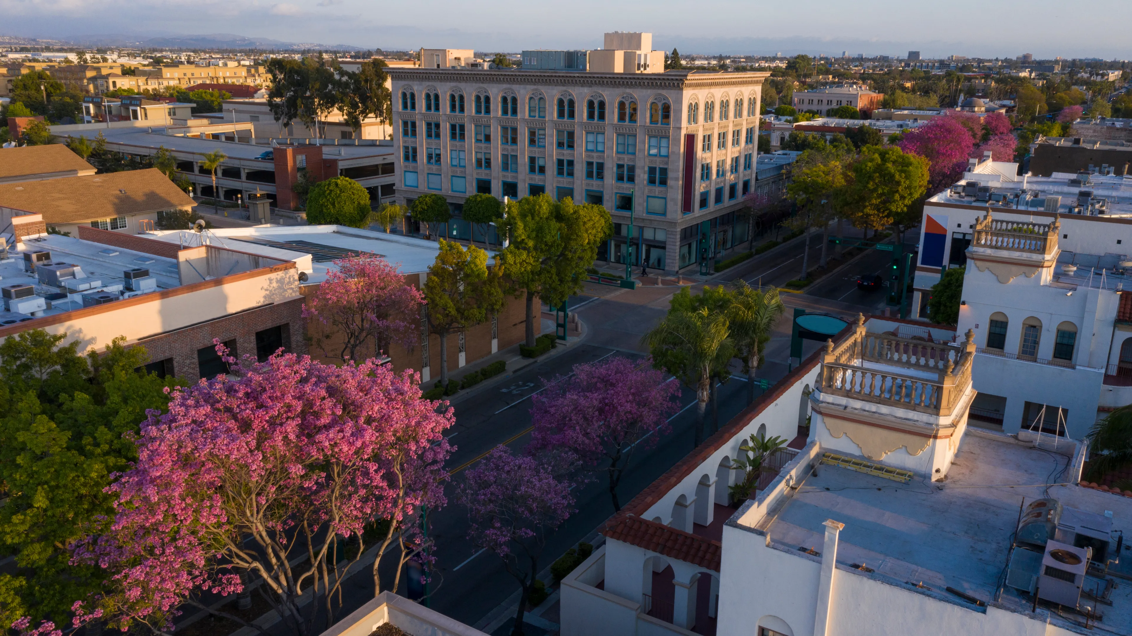 Aerial view of downtown Fullerton, California.
