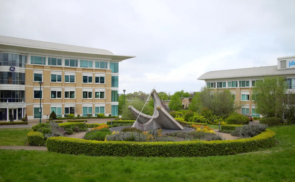 Bracknell, England - April 17, 2017: Partial view of modern office buildings including the GE office block at The Arena Business Park in Bracknell, England