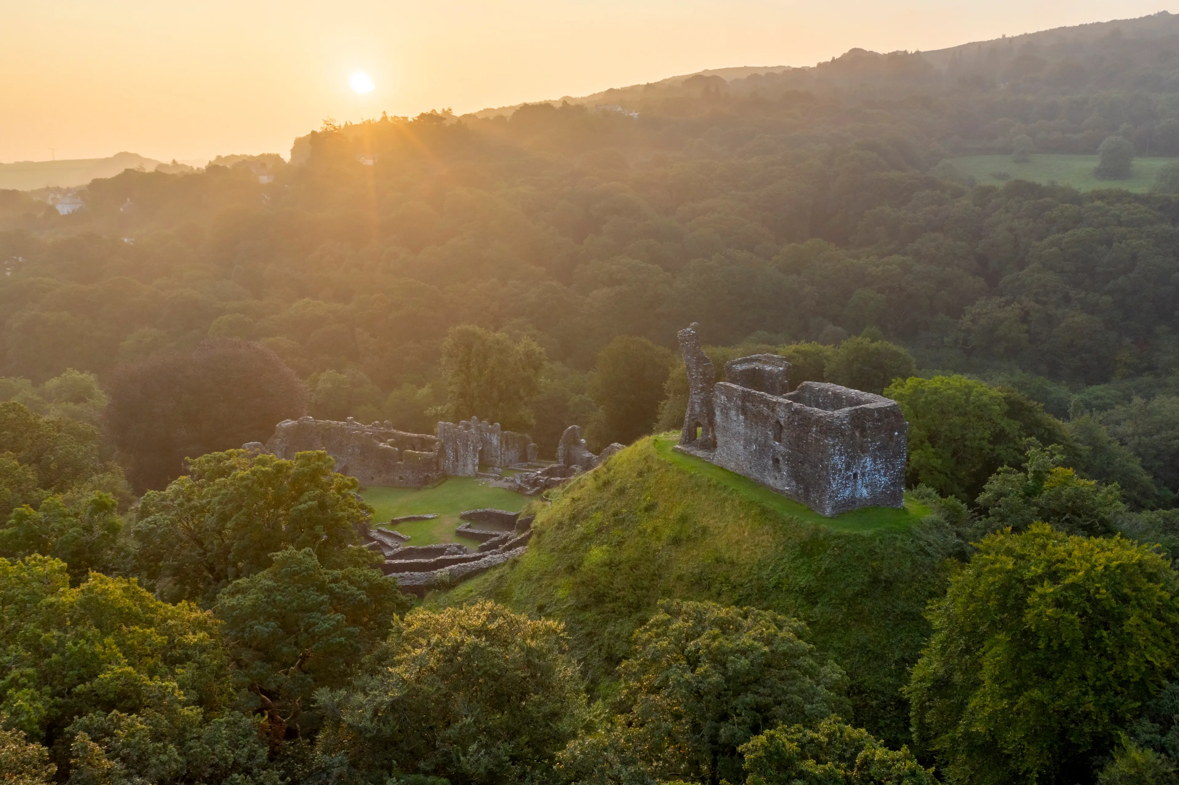 The ruins of Okehampton Castle at sunrise, Okehampton, Devon, England, United Kingdom, Europe