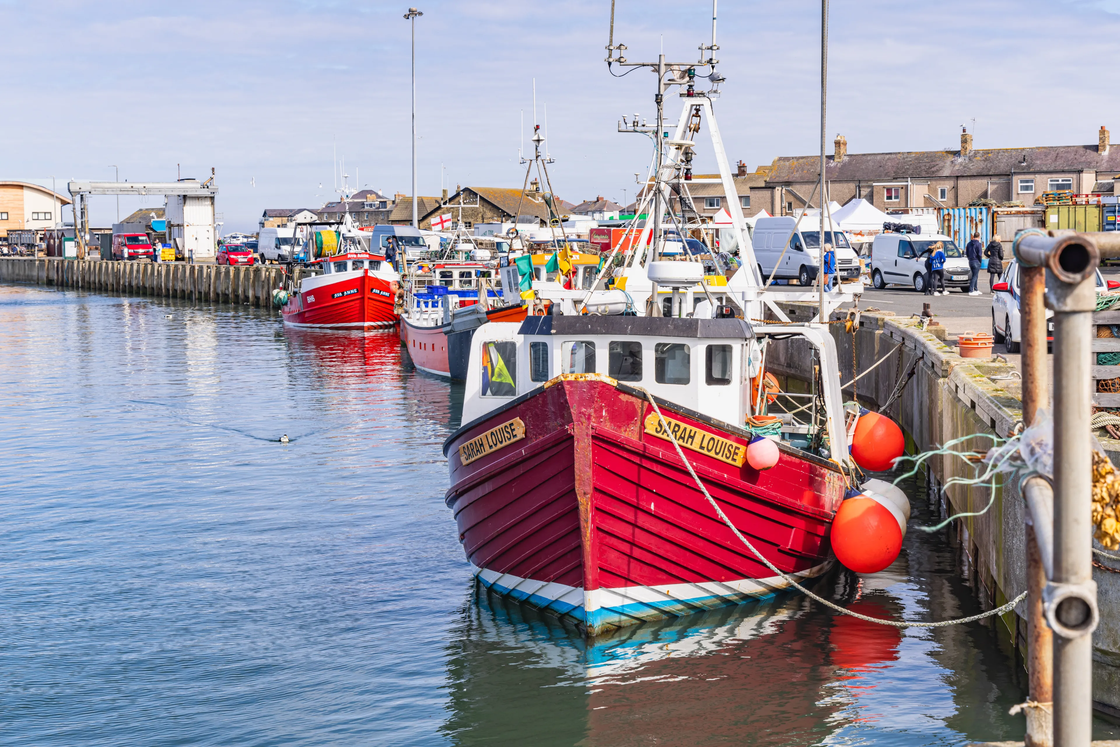 Amble, Morpeth, Northumberland, England, Great Briton, United Kingdom. May 1, 2022. Fishing boats tied up in Amble.