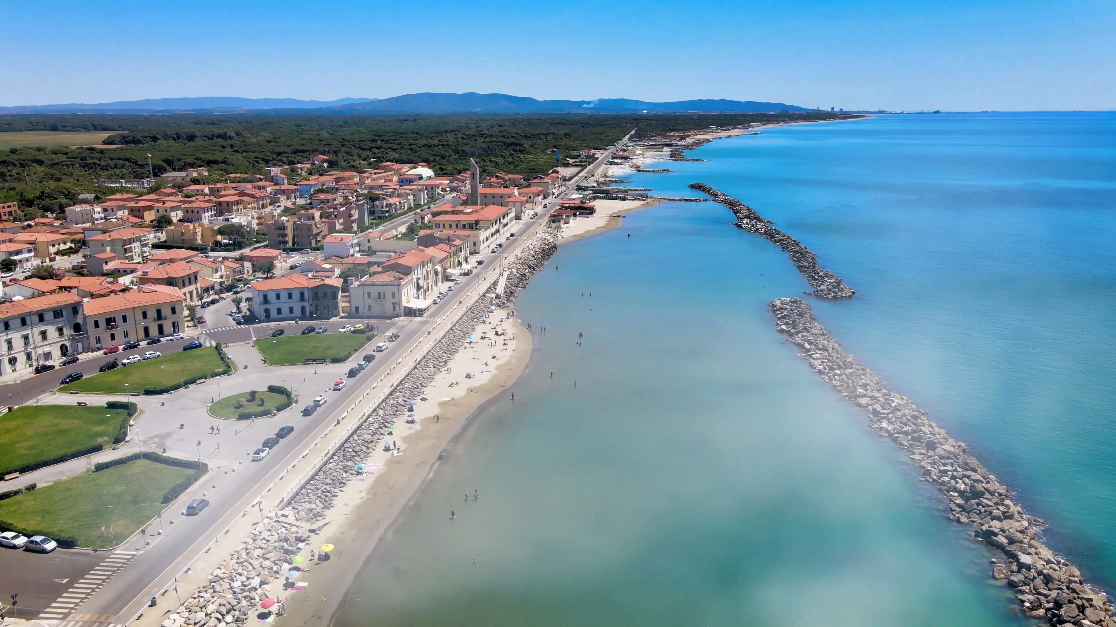 Amazing aerial view of Marina di Pisa coastline, Tuscany. Italian coast from the drone