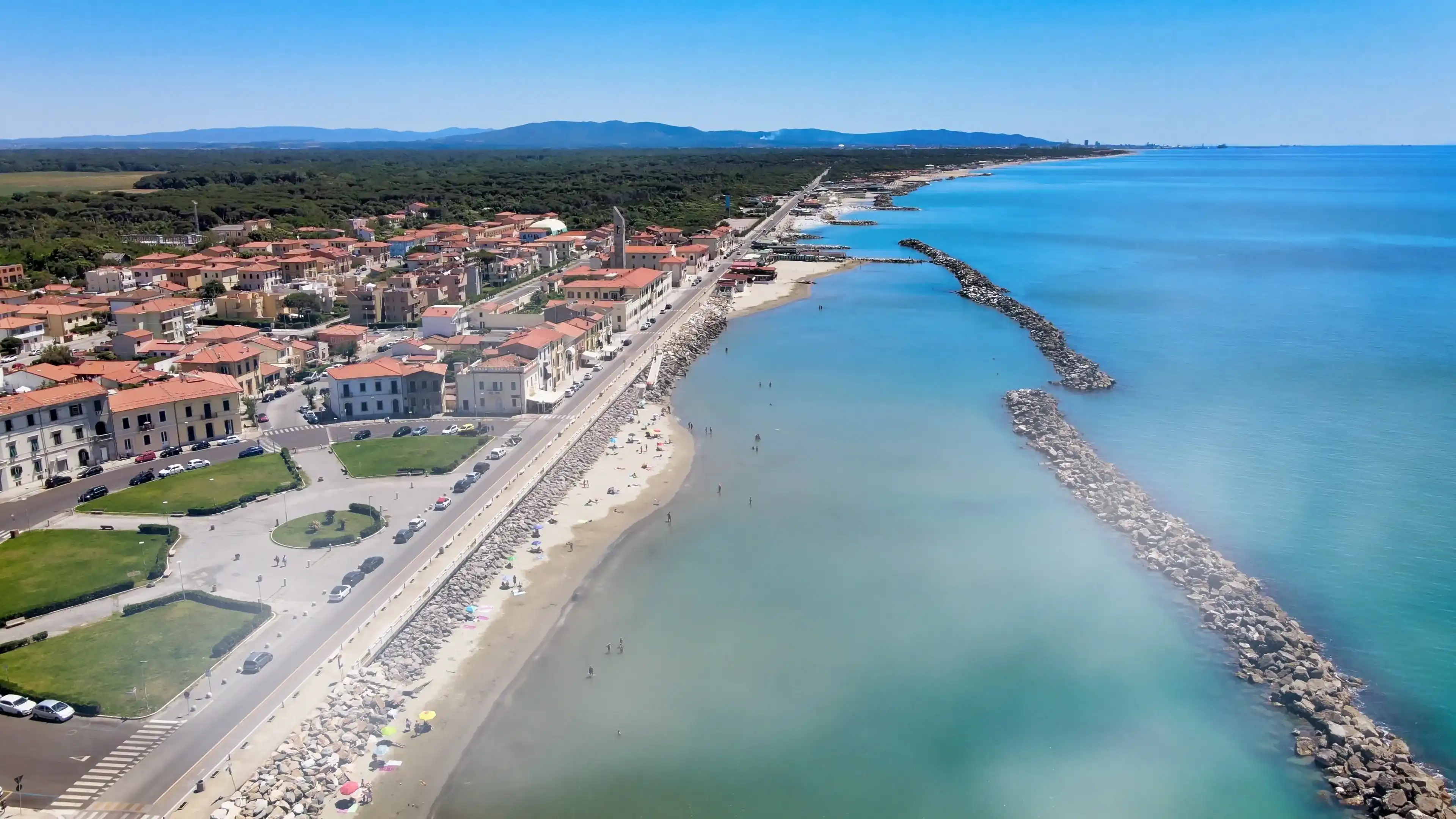 Amazing aerial view of Marina di Pisa coastline, Tuscany. Italian coast from the drone Amazing aerial view of Marina di Pisa coastline, Tuscany. Italian coast from the drone