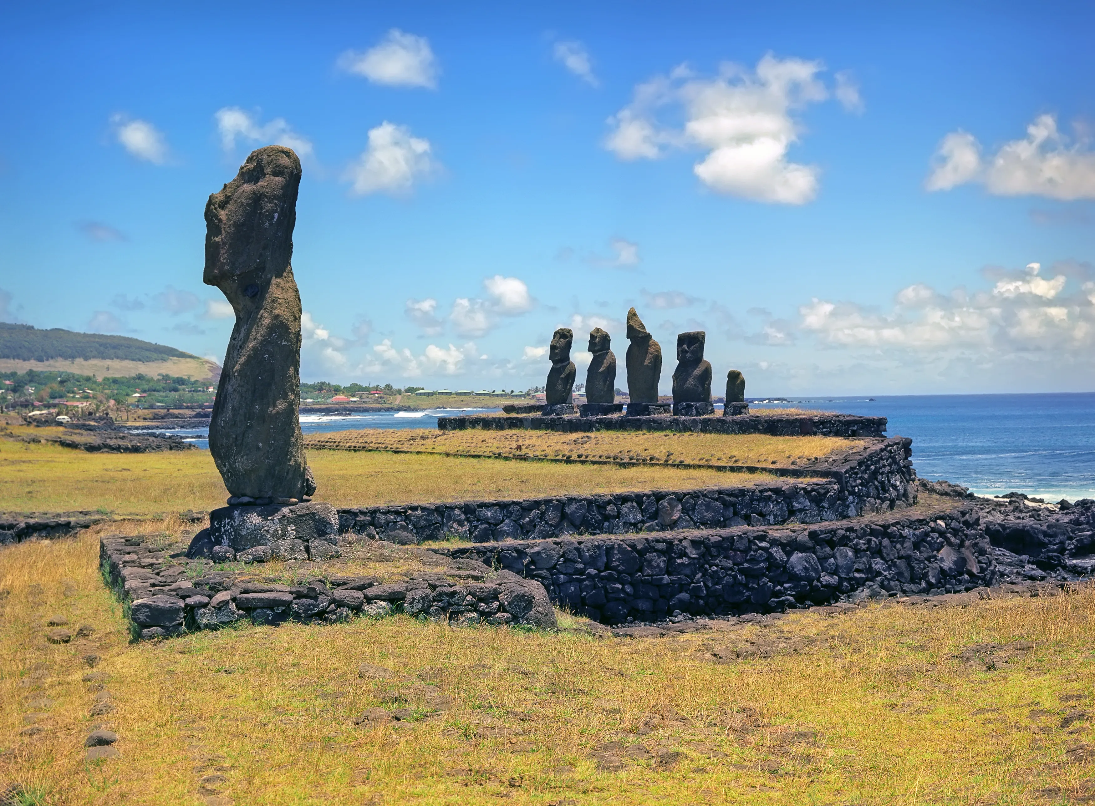 Moais of Ahu Akivi inland Ahu on the UNESCO World Heritage of Easter Island Chile