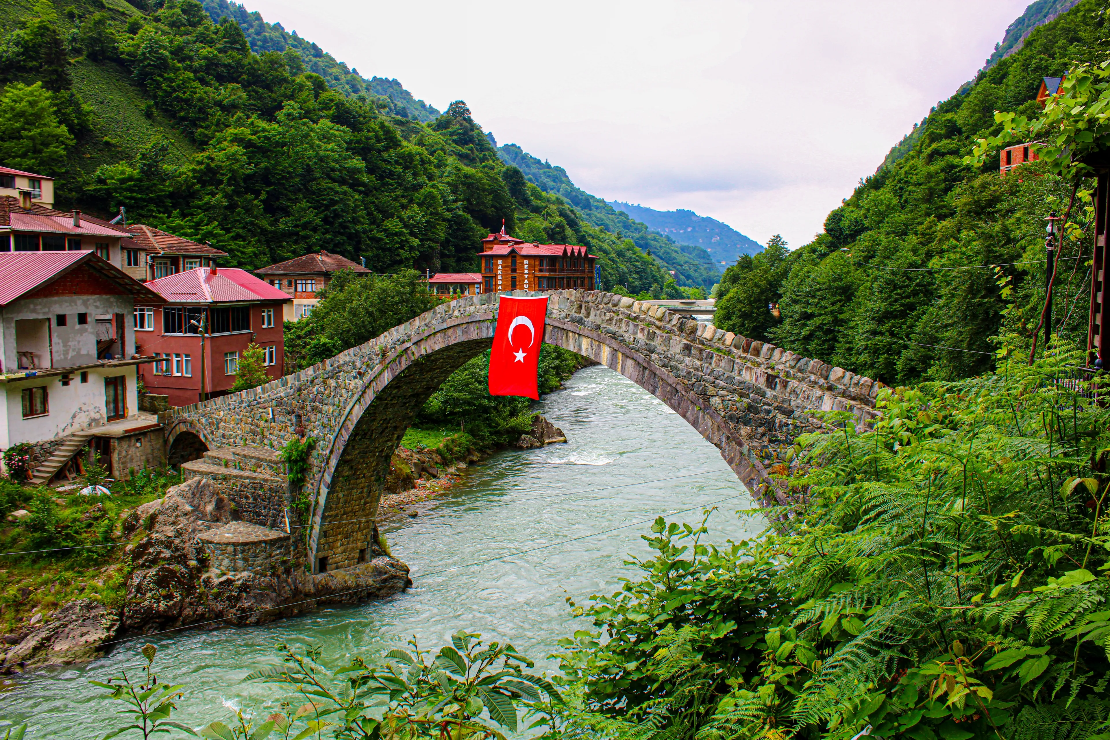 bridge over the river. Historical stone bridge over the creek . Rize, Turkey