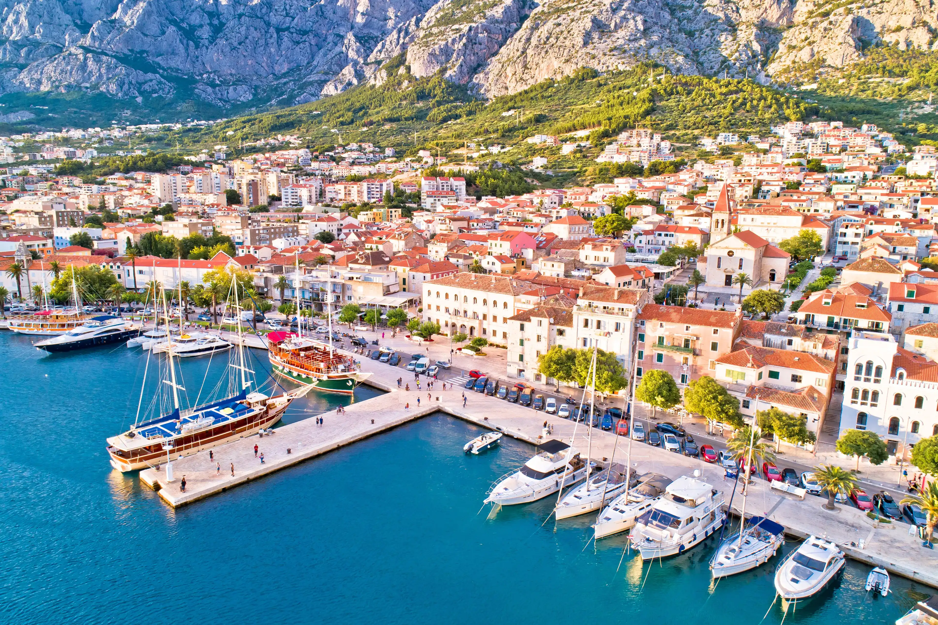 Makarska. Tourist city of Makarska waterfront aerial view, Dalmatia archipelago of Croatia Makarska. Tourist city of Makarska waterfront aerial view, Dalmatia archipelago of Croatia