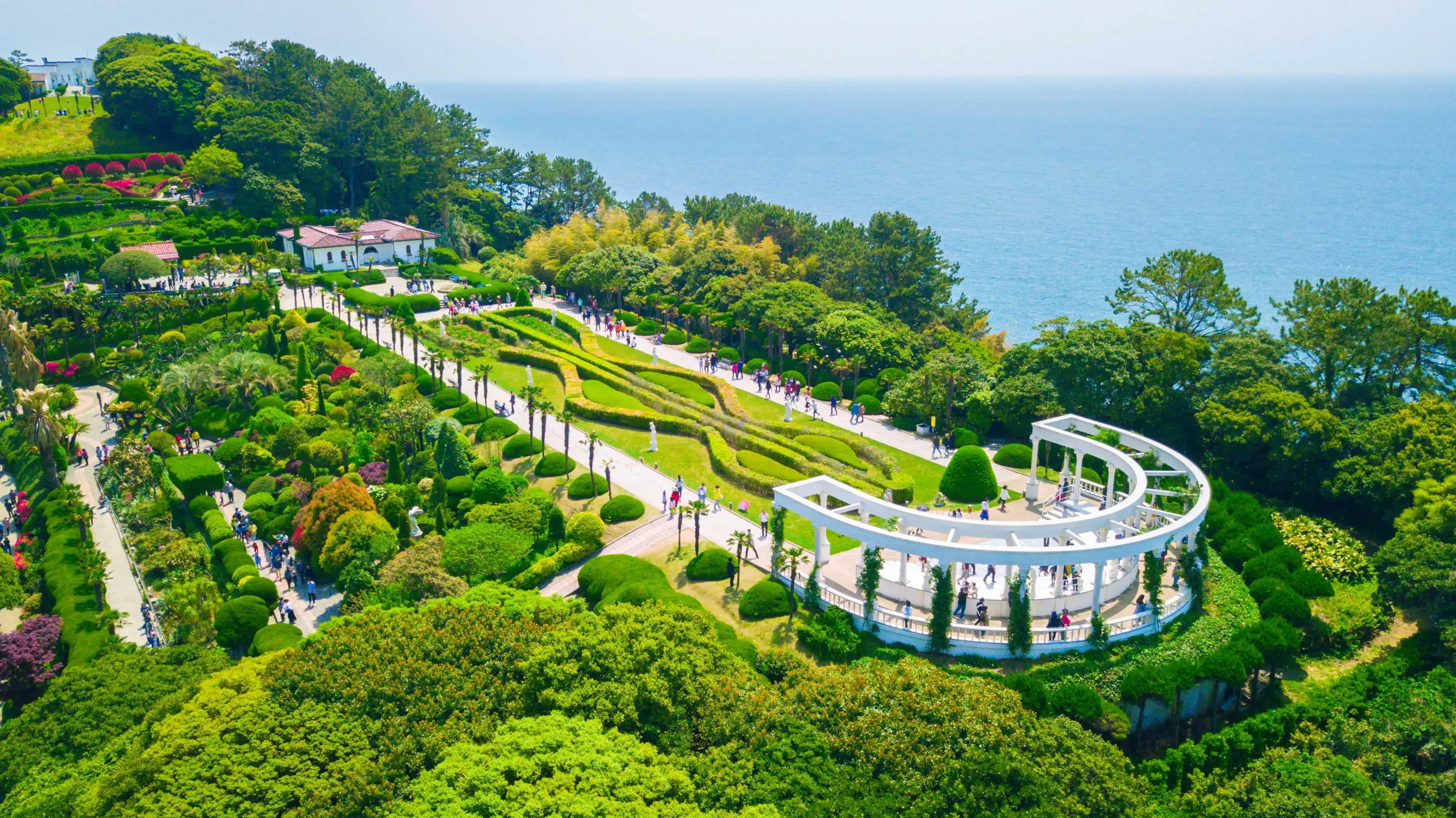 Aerial view of Oedo-Botania island, garden scenery at summer day in Geoje island, South Korea. Aerial view of Oedo-Botania island, garden scenery at summer day in Geoje island, South Korea.