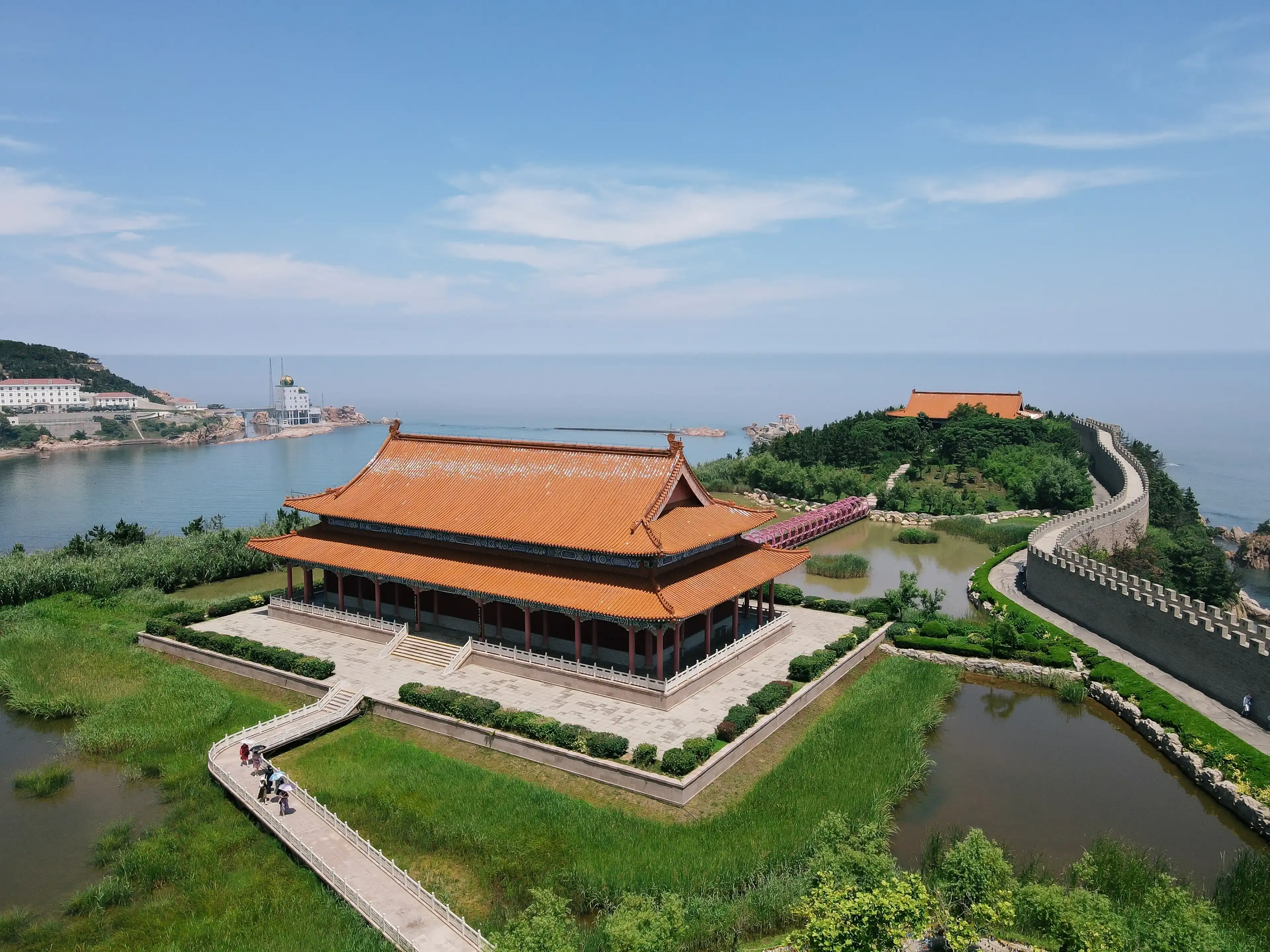 Aerial View of Buddhist Temple and the Pacific Ocean at Chengshantou Resort, Weihai, Shandong Province, China Aerial View of Buddhist Temple and the Pacific Ocean at Chengshantou Resort, Weihai, Shandong Province, China