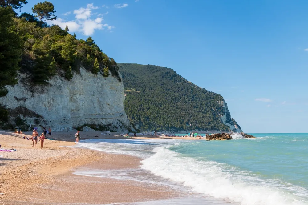 the beautiful beach of Urbani on the Conero coast. 23 August 2024, Sirolo, Italy.