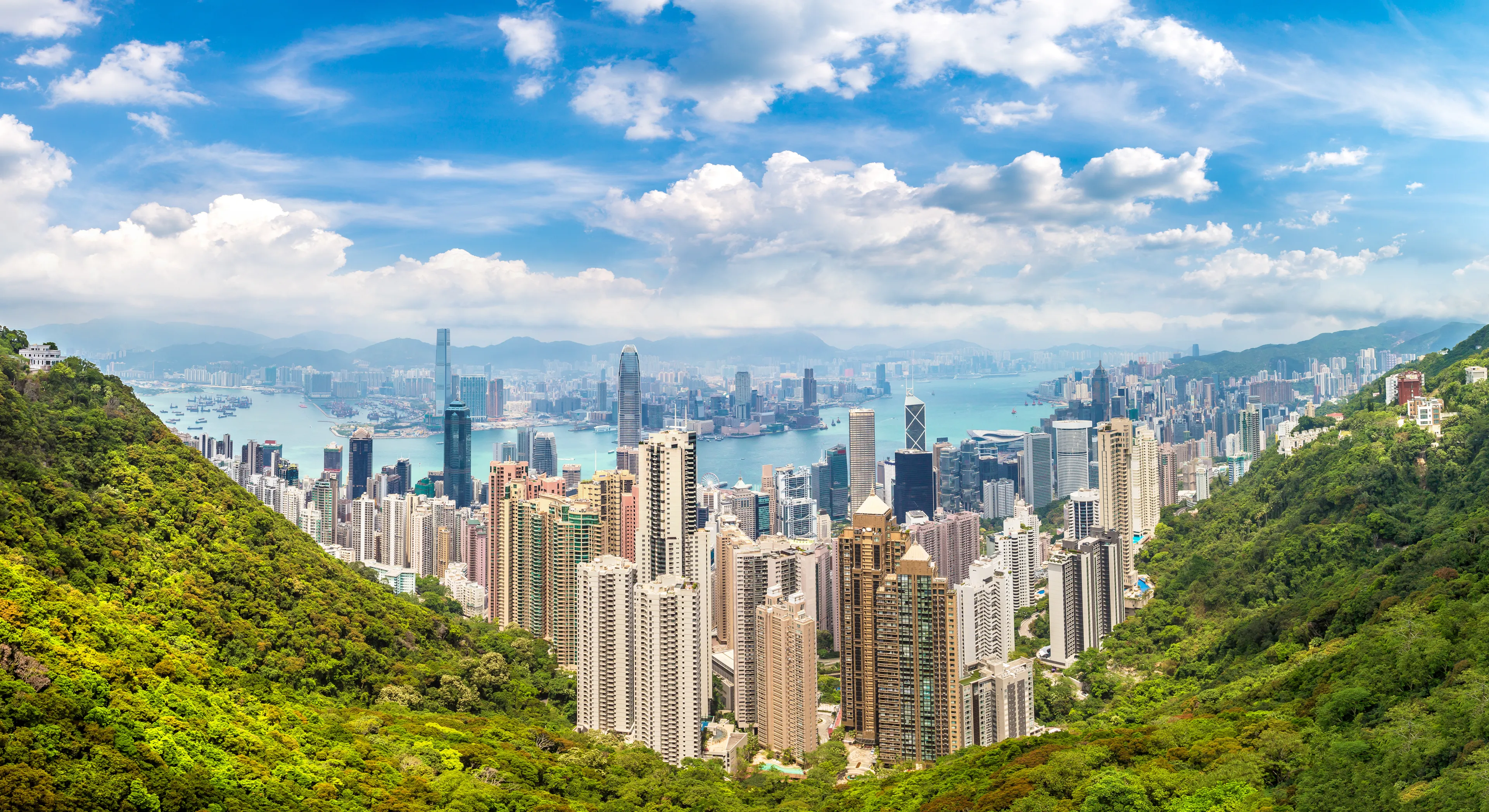 Panorama of Hong Kong business district in a summer day