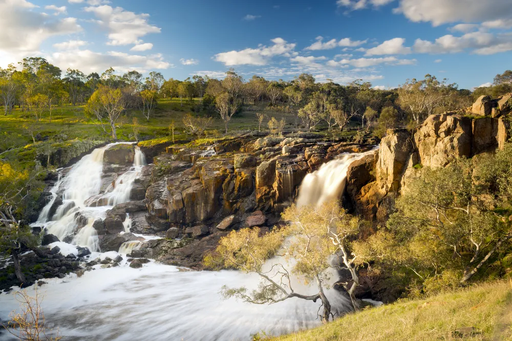 Beautiful Nigretta Falls waterfall in Western Victoria, Australia with high flow during winter time in time-lapse