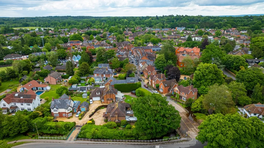 Aerial view of Brockenhurst, the largest village by population within the New Forest in Hampshire, England, UK