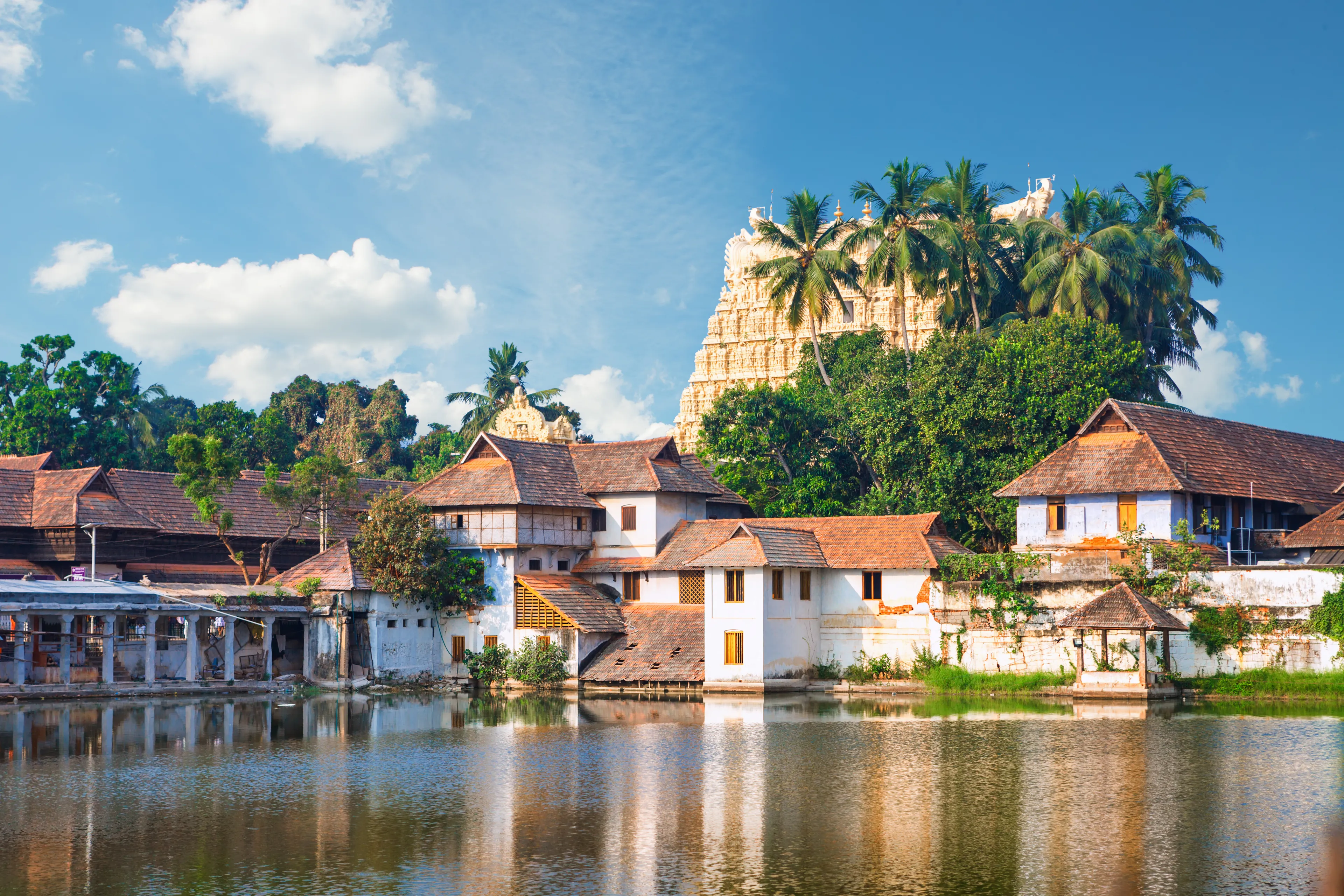Padmanabhapuram Palace in front of Thiruvananthapuram, India - Padmanabhaswamy temple was built in the Dravidian style and principal deity Vishnu is enshrined in it lacated on temple pond
