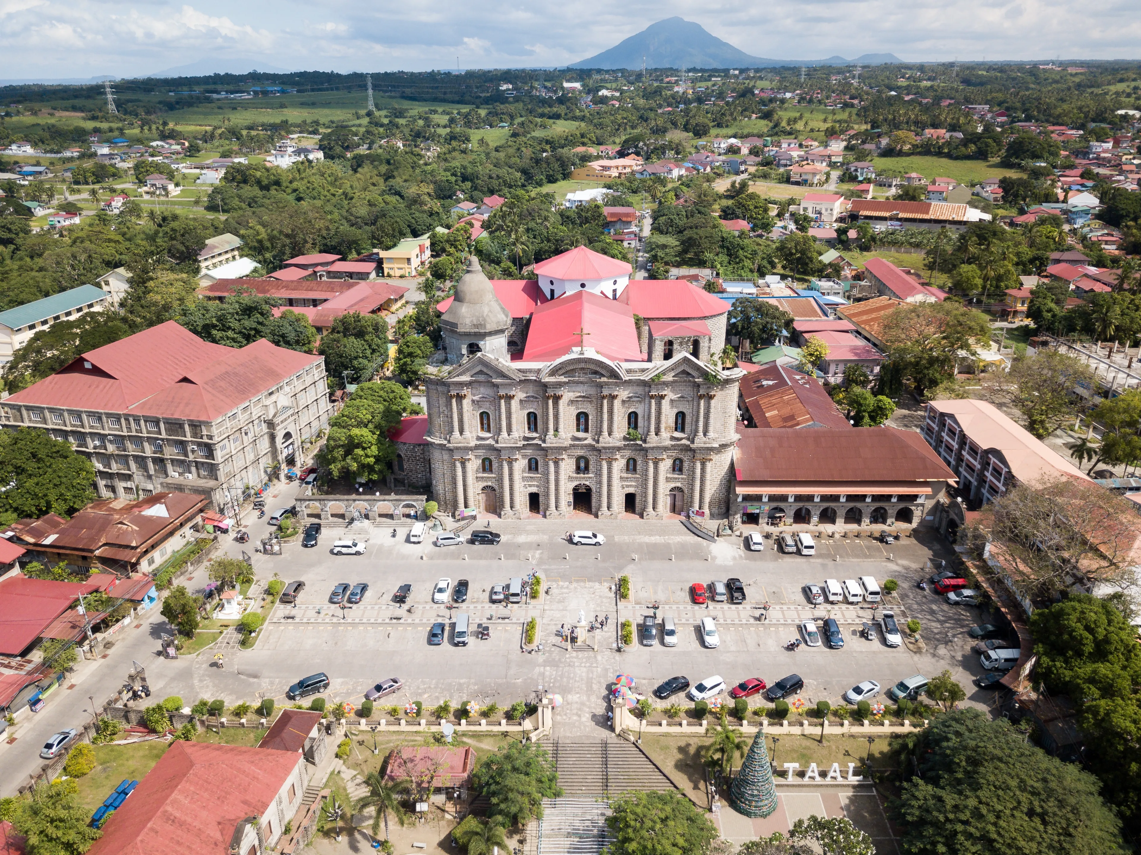 Scenic Aerial Drone View on the Heritage Town Taal and the Historic Minor Basilica of Saint Martin of Tours in Batangas, Philippines