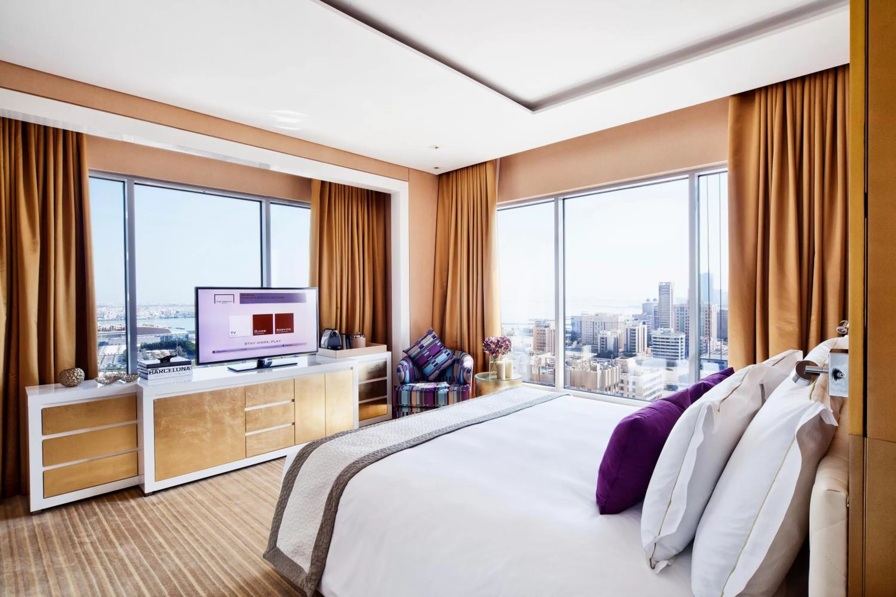 View (from property/room), Bed in The Domain Bahrain Hotel and Spa - Adults Friendly 16 Years Plus