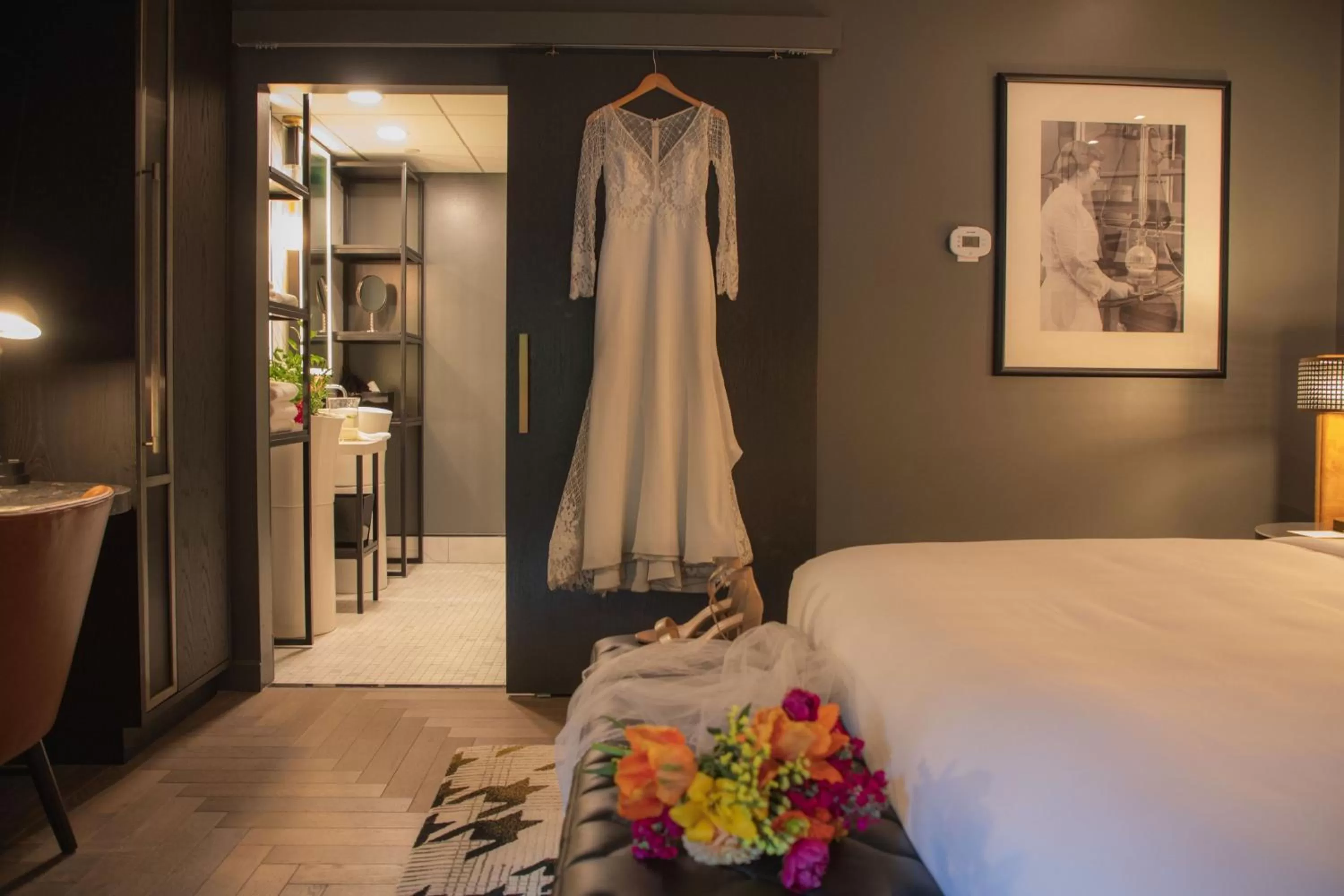 Photo of the whole room, Bed in The Union Club Hotel at Purdue University, Autograph Collection