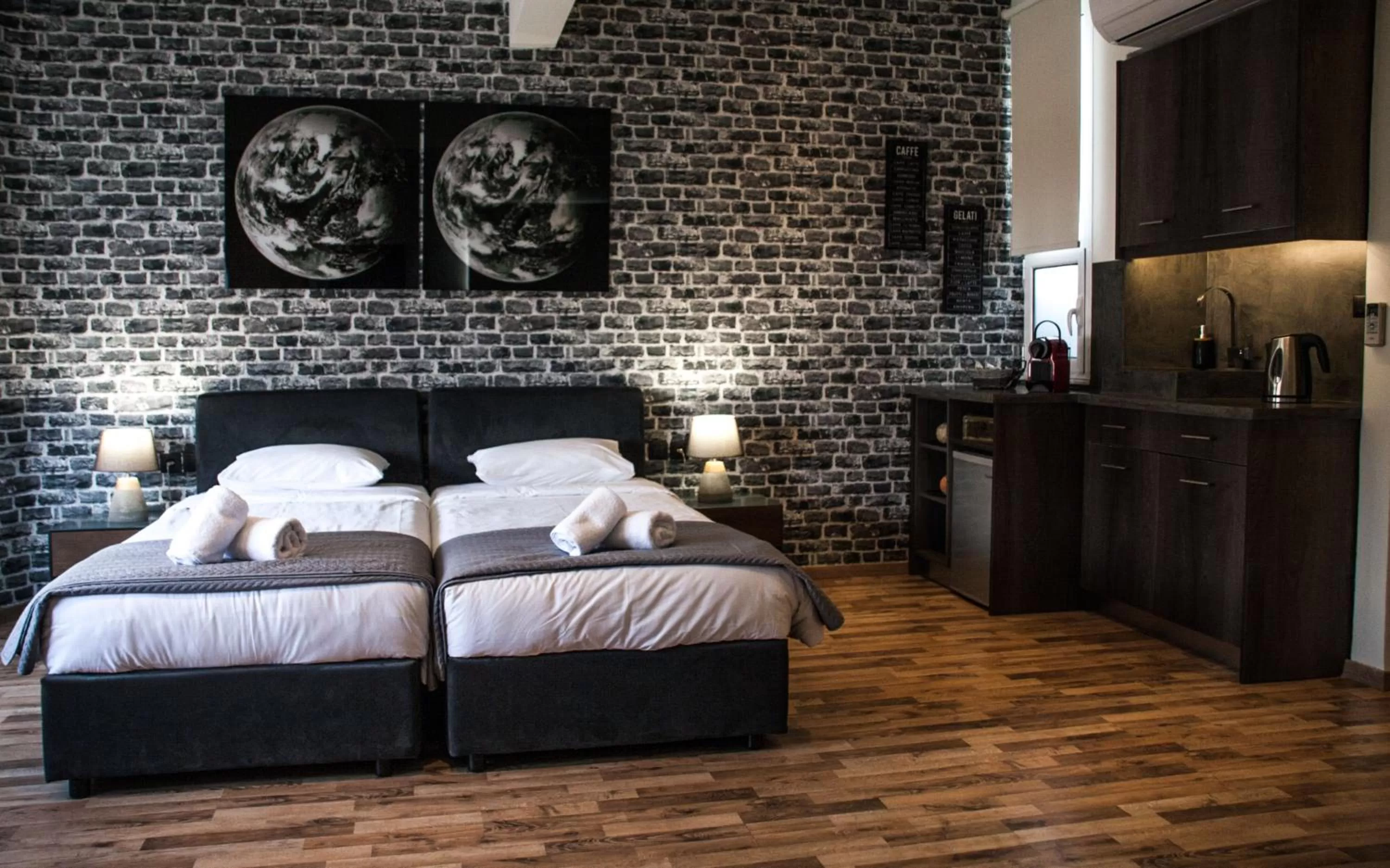 Kitchen or kitchenette, Bed in The Athens Version Luxury Suites