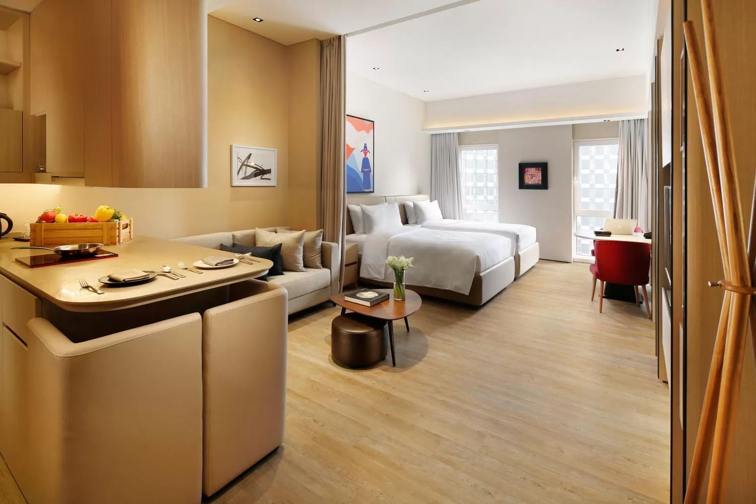 Kitchen or kitchenette, Bed in Artyzen Habitat Dongzhimen Beijing