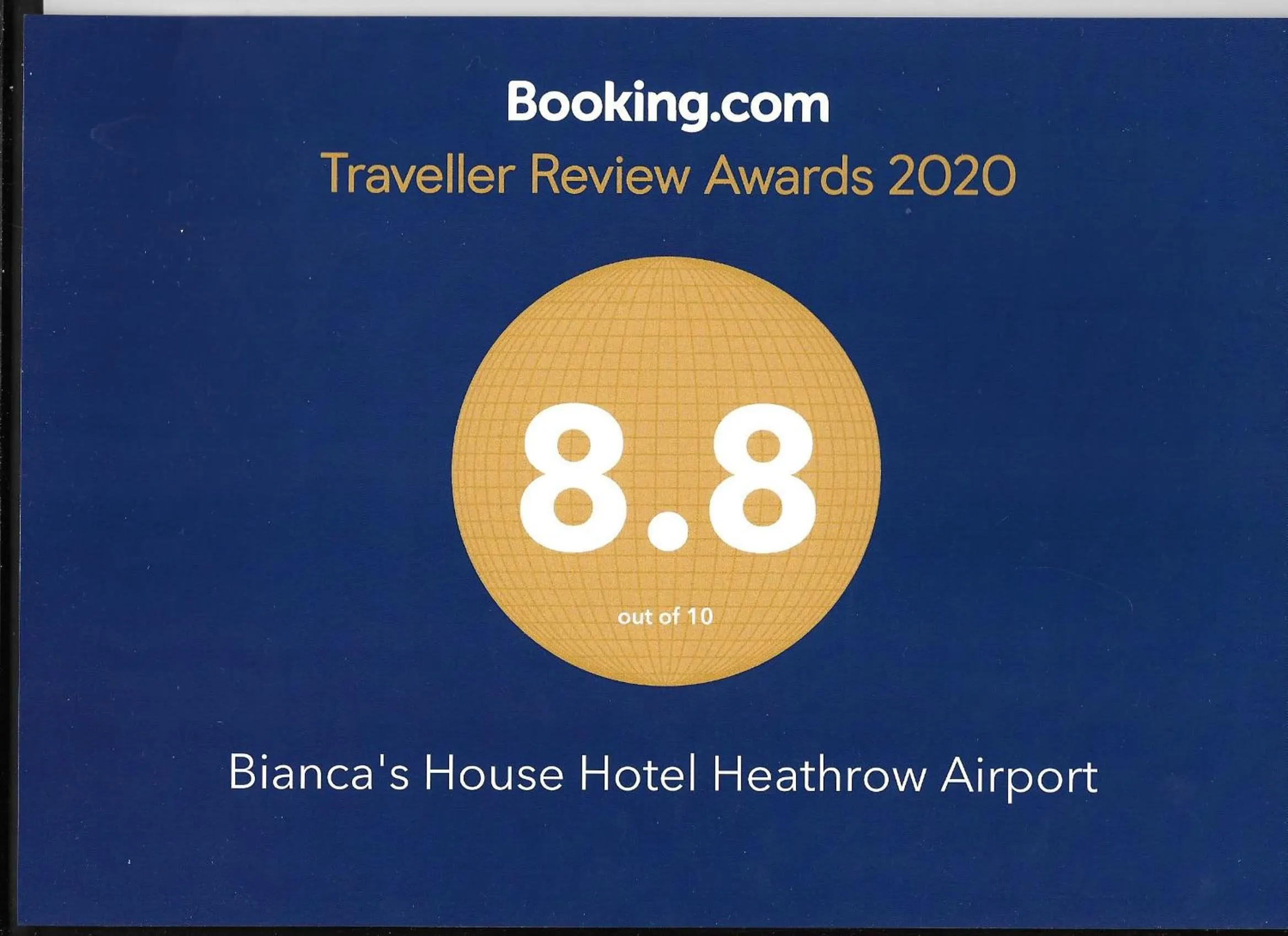 Certificate/Award in Bianca's House Hotel Heathrow Airport