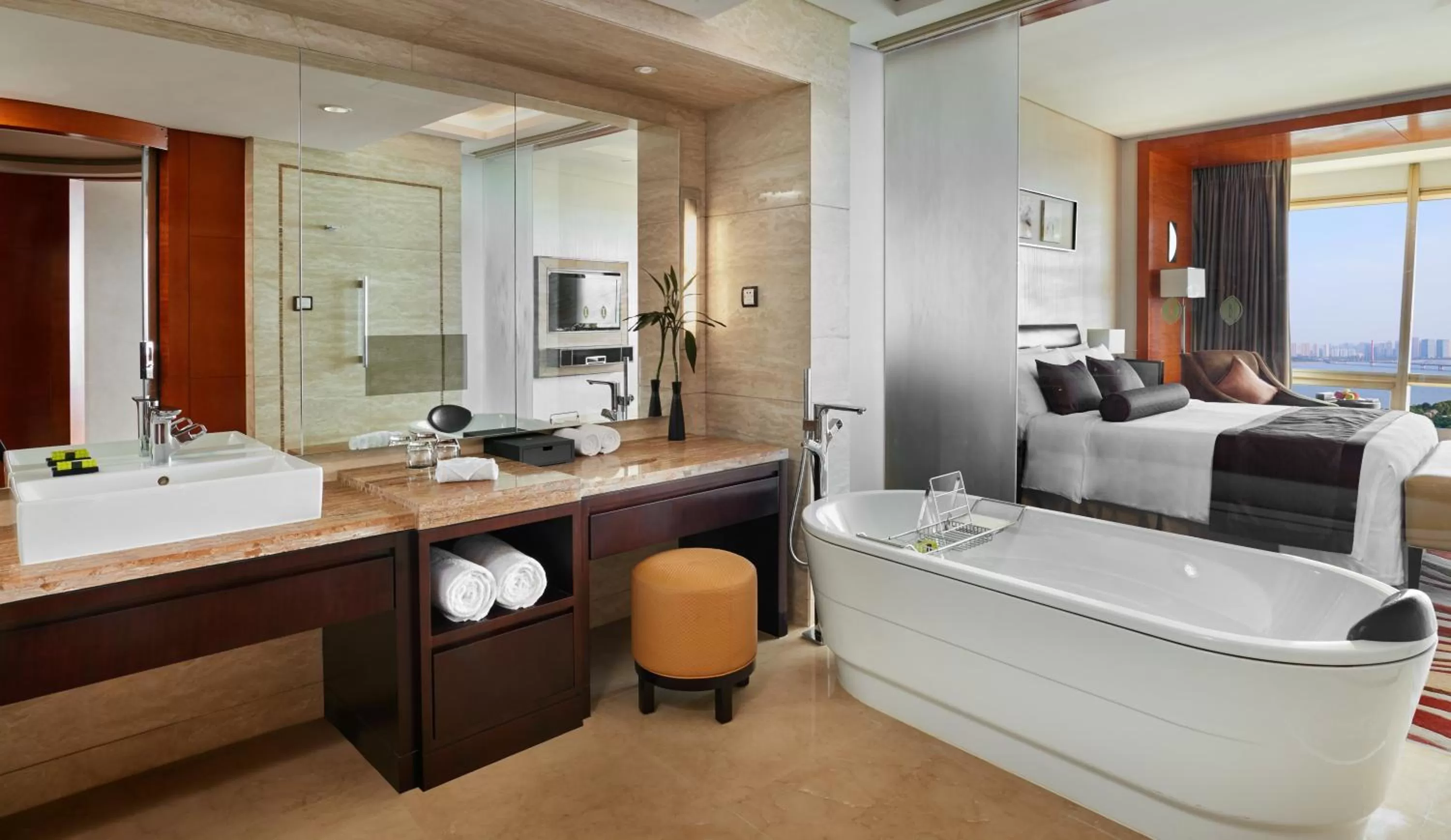 Bathroom, Bed in InterContinental Hangzhou ICC by IHG